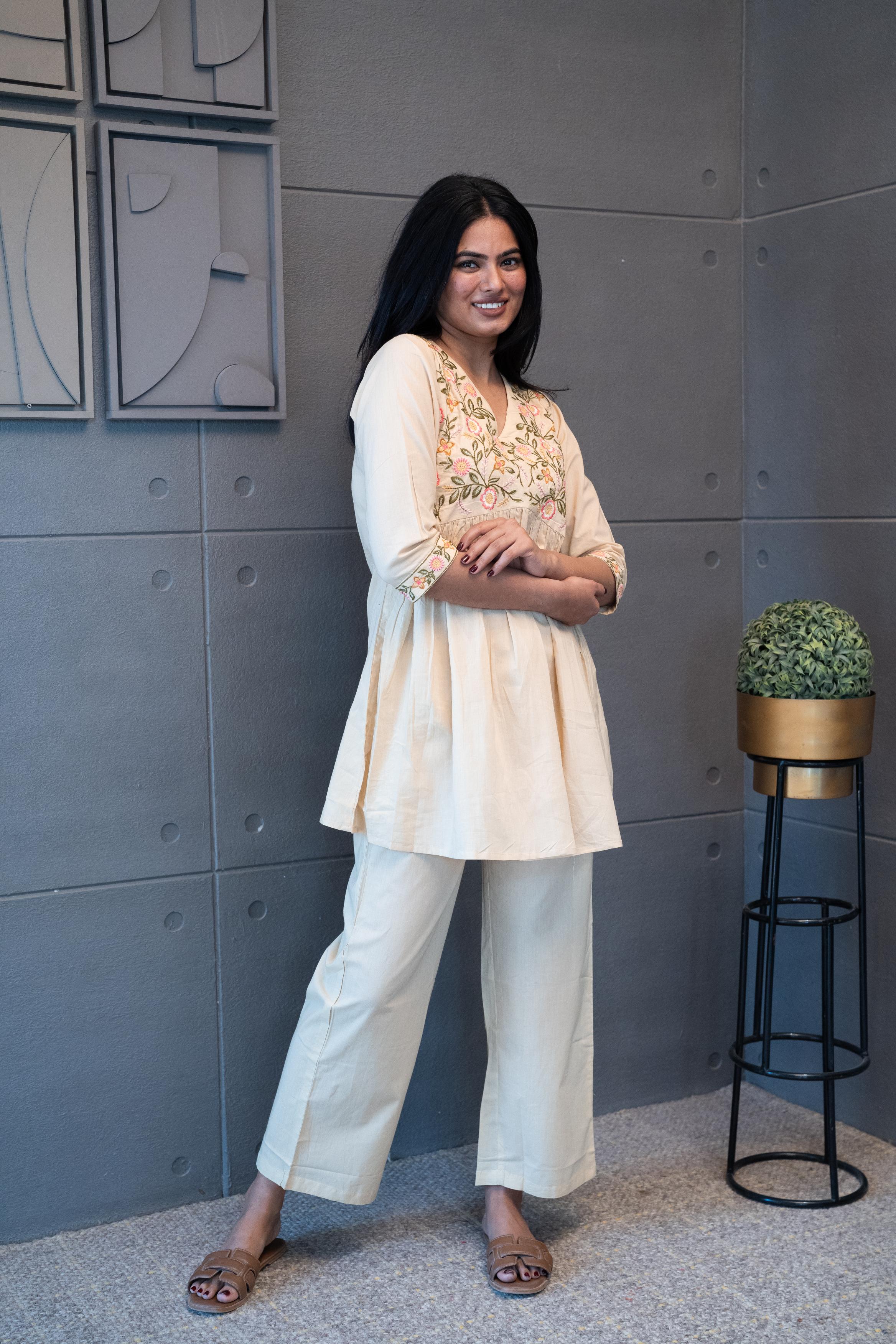 Soft cotton fabric with delicate floral threadwork – Coral Ease Co-Ord Set by Tanauri.