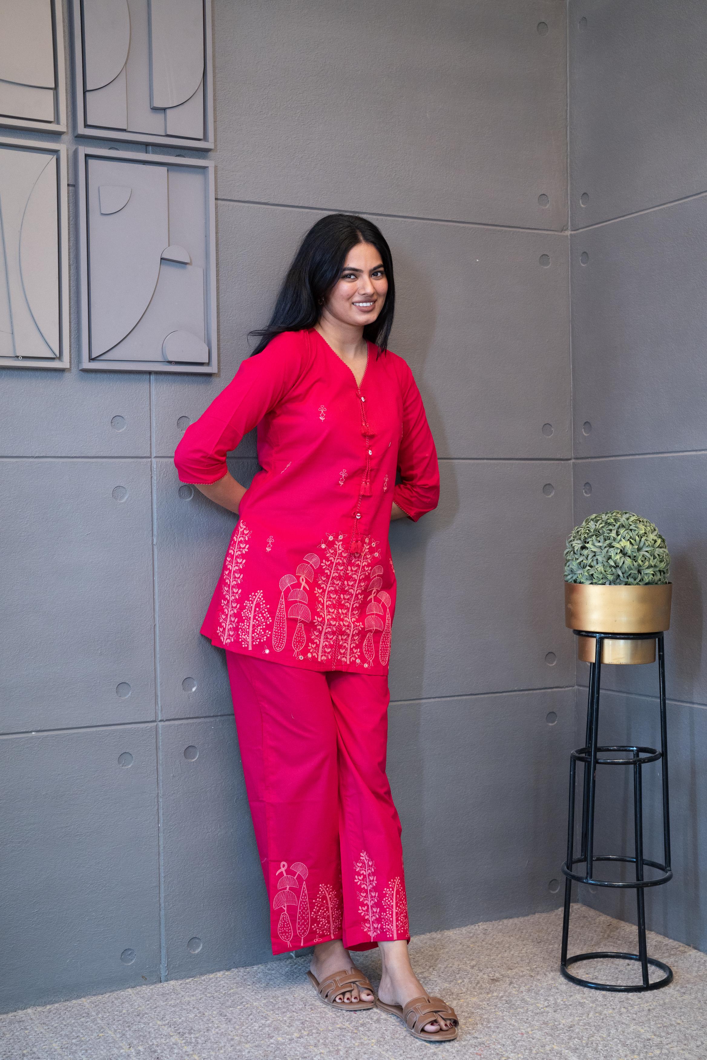 Tanauri Roseatte Co-Ord Set – elegant bright pink embroidered cotton outfit for everyday sophistication.