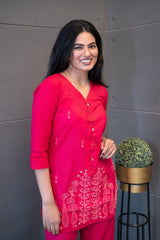 Floral embroidery details with tassel on pink cotton fabric – Tanauri Roseatte Co-Ord Set.