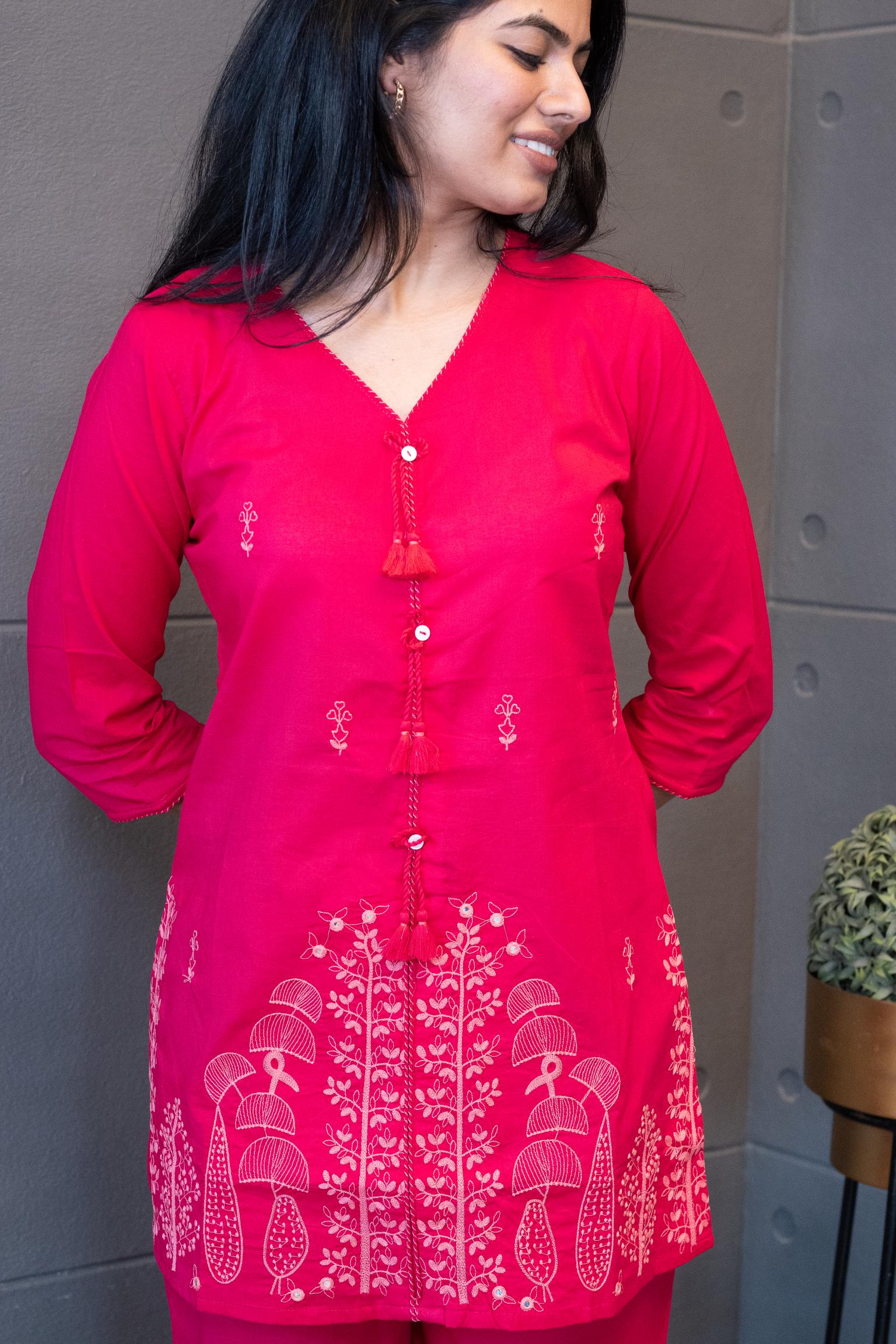 Soft cotton fabric with delicate floral embroidery and tassel – Roseatte Co-Ord Set by Tanauri.