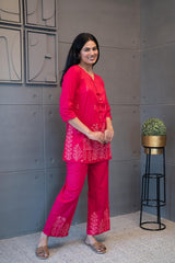 Roseatte Co-Ord Set – Pink floral embroidery with tassel cotton outfit by Tanauri.
