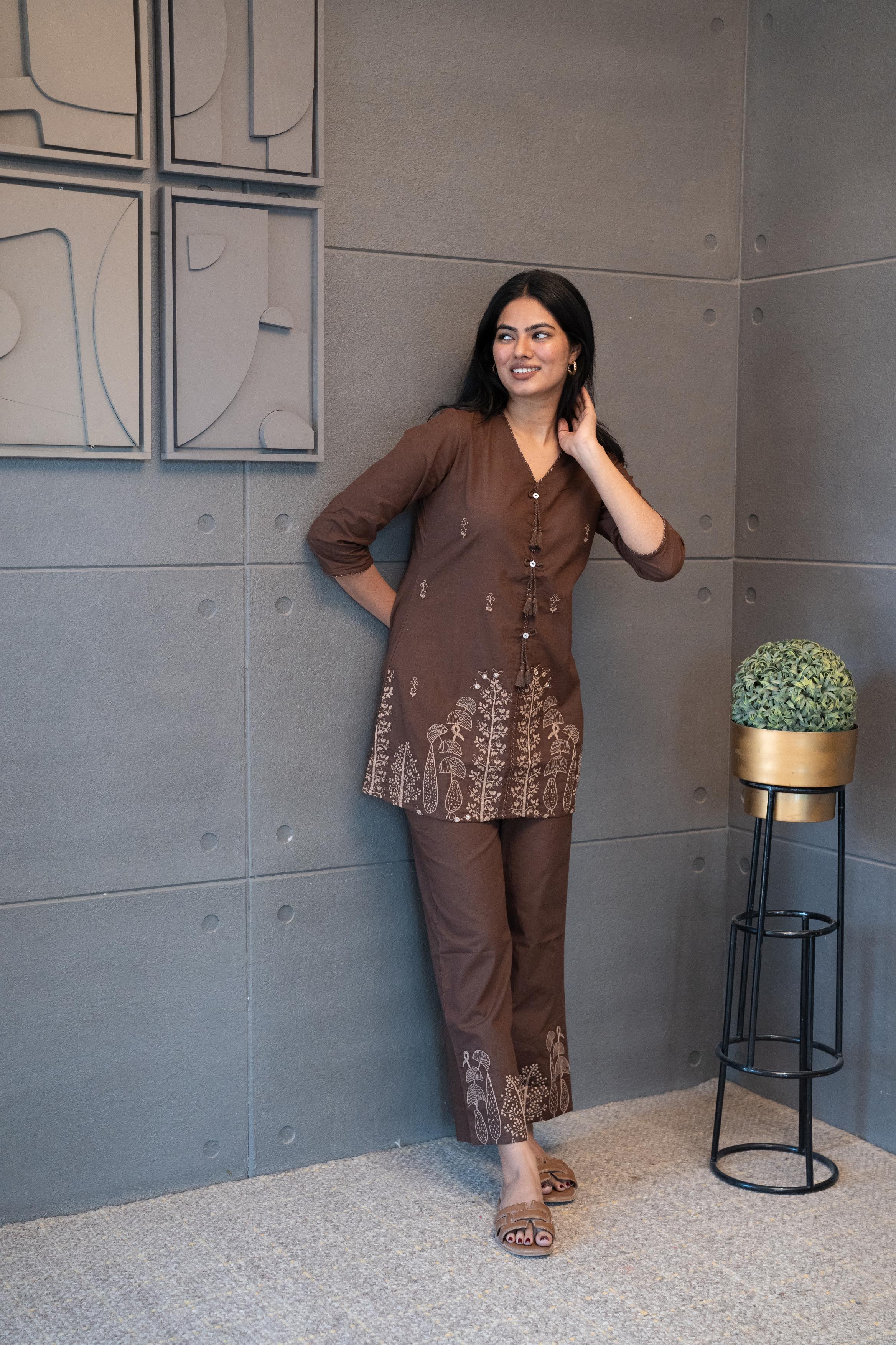 Coco Co-Ord Set – brown with tonal thread embroidered cotton outfit by Tanauri.