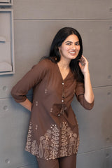 Tanauri Coco Co-Ord Set – elegant brown embroidered cotton outfit for everyday sophistication.
