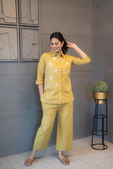 Mustard Melody Co-Ord Set – golden bird embroidered cotton outfit by Tanauri.