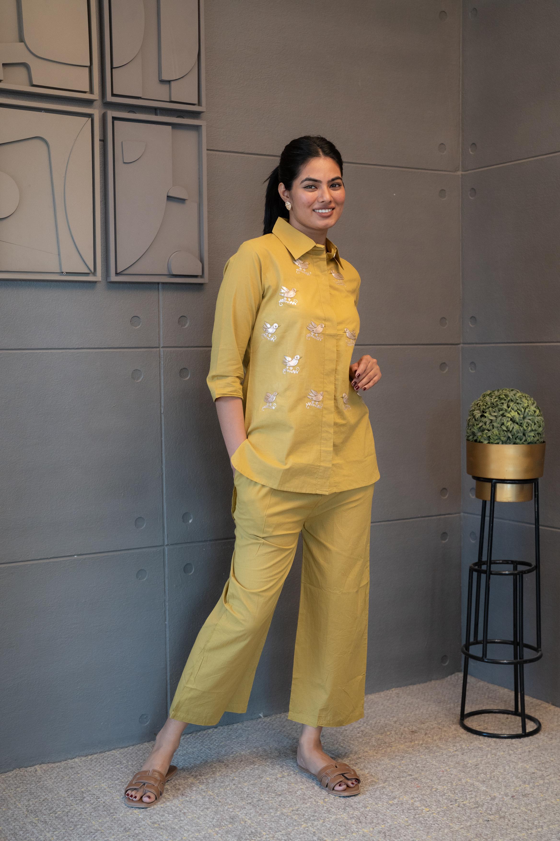 Tanauri Mustard Melody Co-Ord Set – elegant yellow embroidered cotton outfit for everyday sophistication.