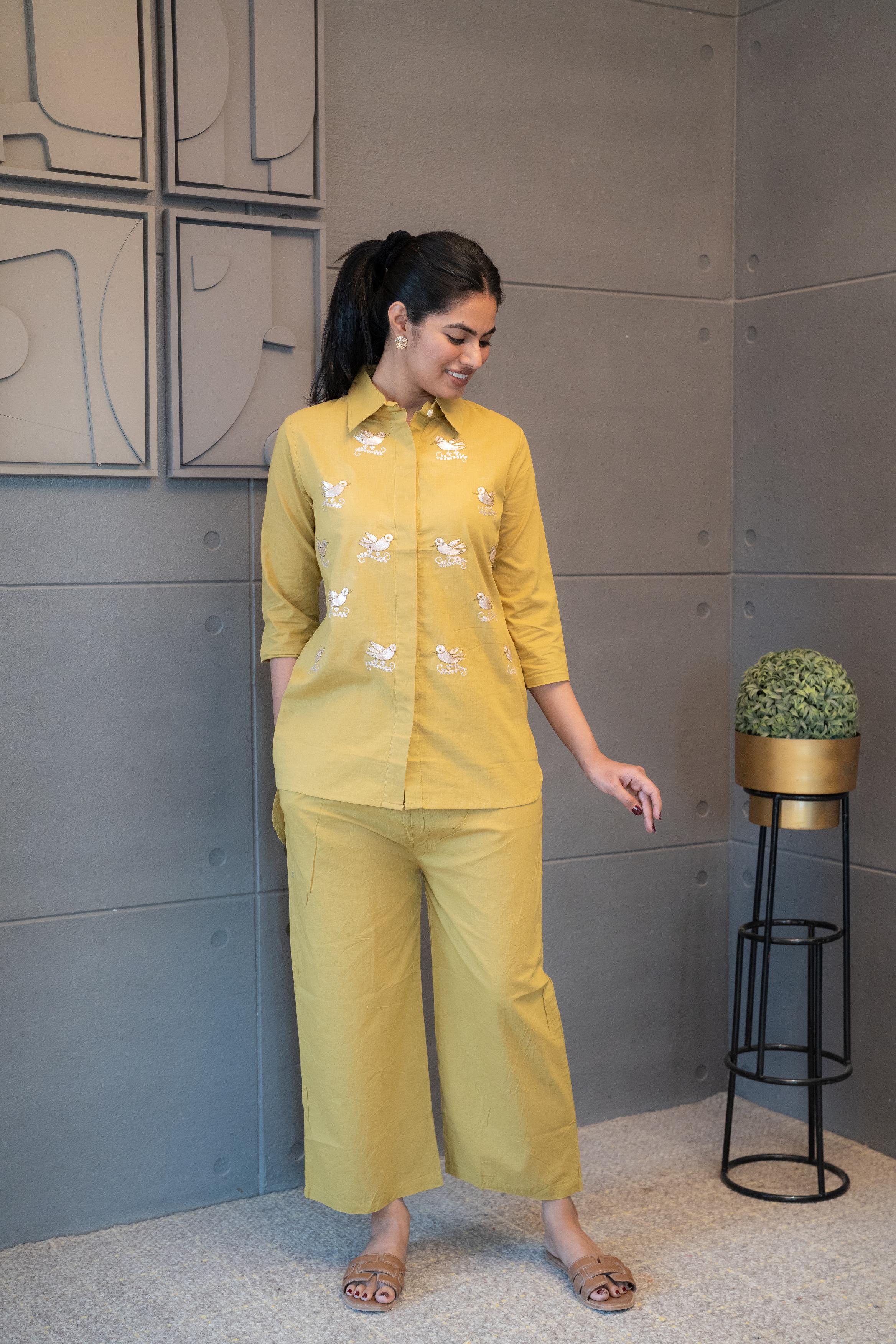 Golden bird embroidery details on yellow cotton fabric – Tanauri Mustard Melody Co-Ord Set.