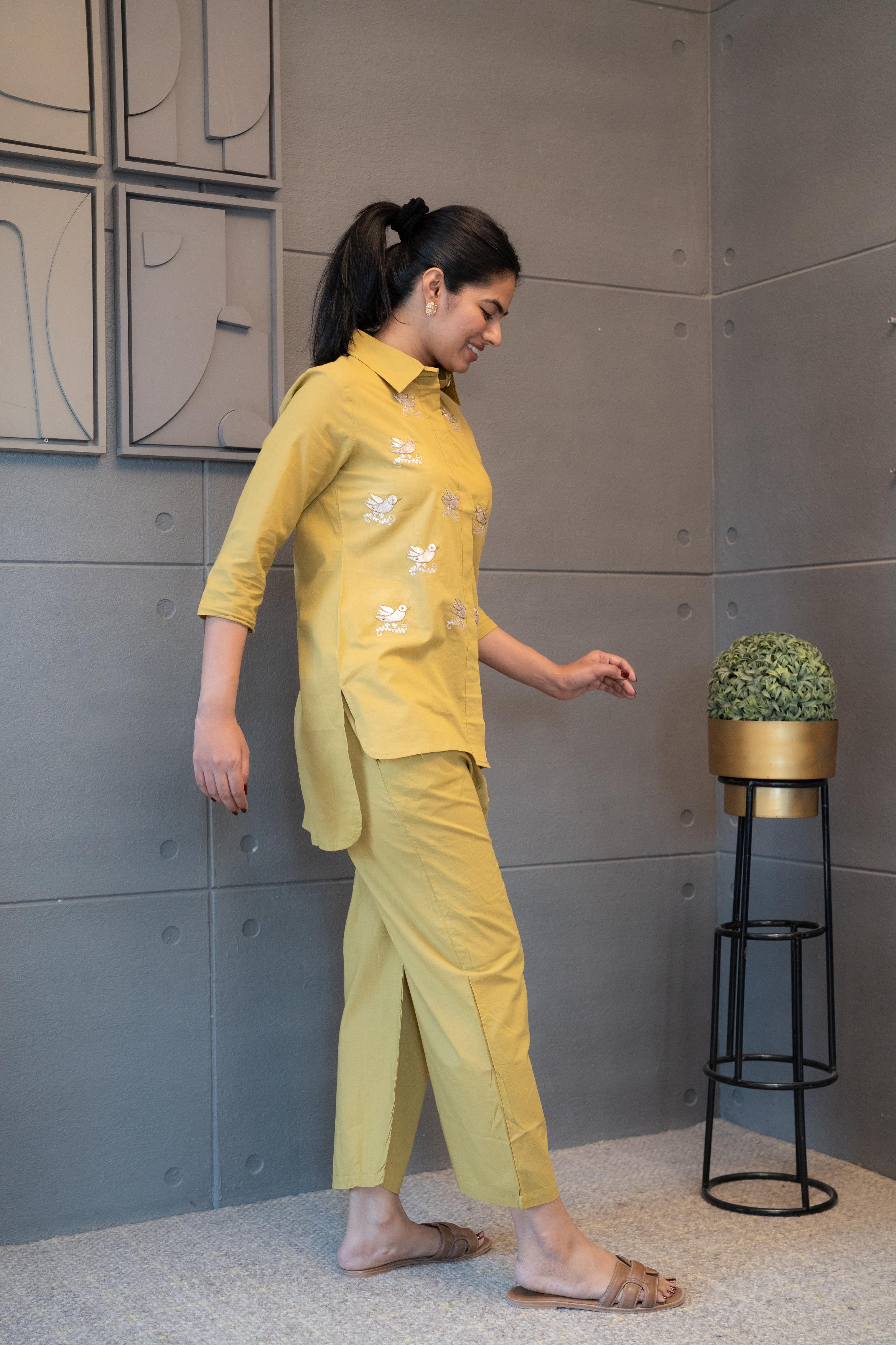 Mustard Melody Co-Ord Set – golden bird embroidered cotton outfit by Tanauri.