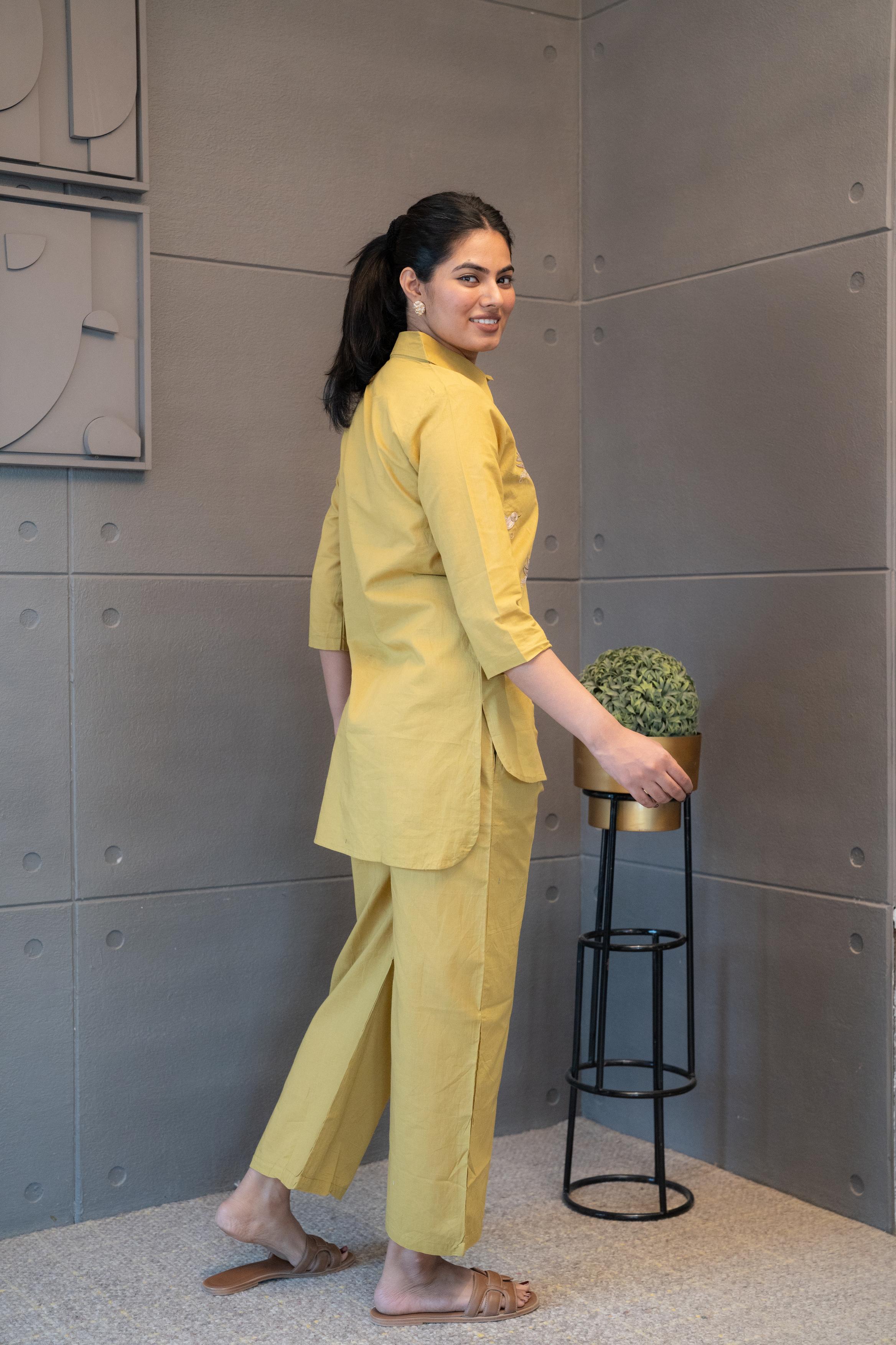 Tanauri Mustard Melody Co-Ord Set – elegant yellow embroidered cotton outfit for everyday sophistication.