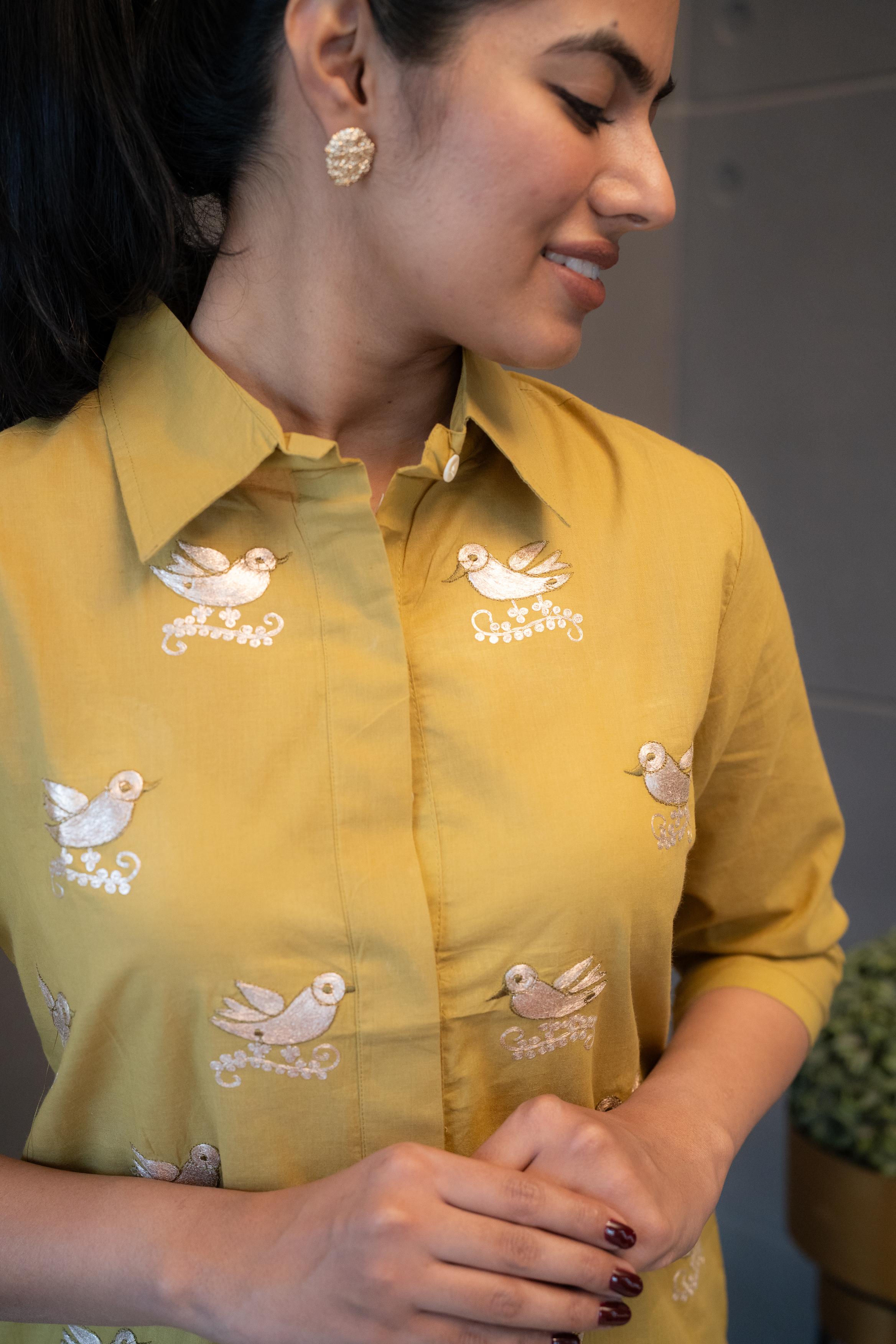 Golden bird embroidery details on yellow cotton fabric – Tanauri Mustard Melody Co-Ord Set.