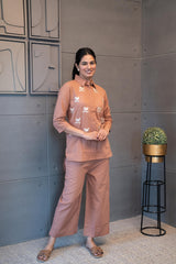 Mocha Melody Co-Ord Set – mocha shade with golden bird and vine  embroidered cotton outfit by Tanauri.