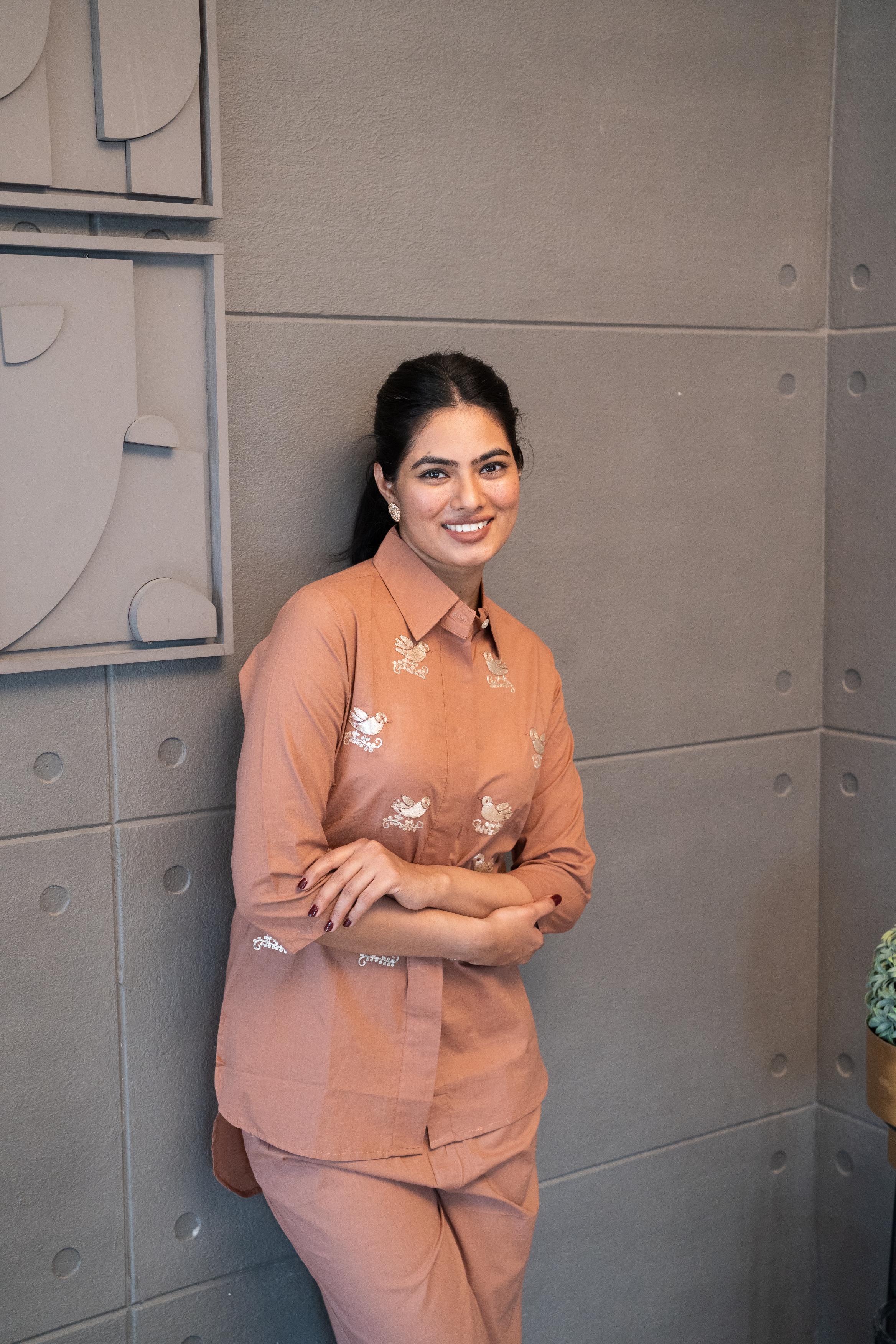 Tanauri Mocha Melody Co-Ord Set – elegant brown embroidered cotton outfit for everyday sophistication.