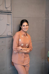 Tanauri Mocha Melody Co-Ord Set – elegant brown embroidered cotton outfit for everyday sophistication.