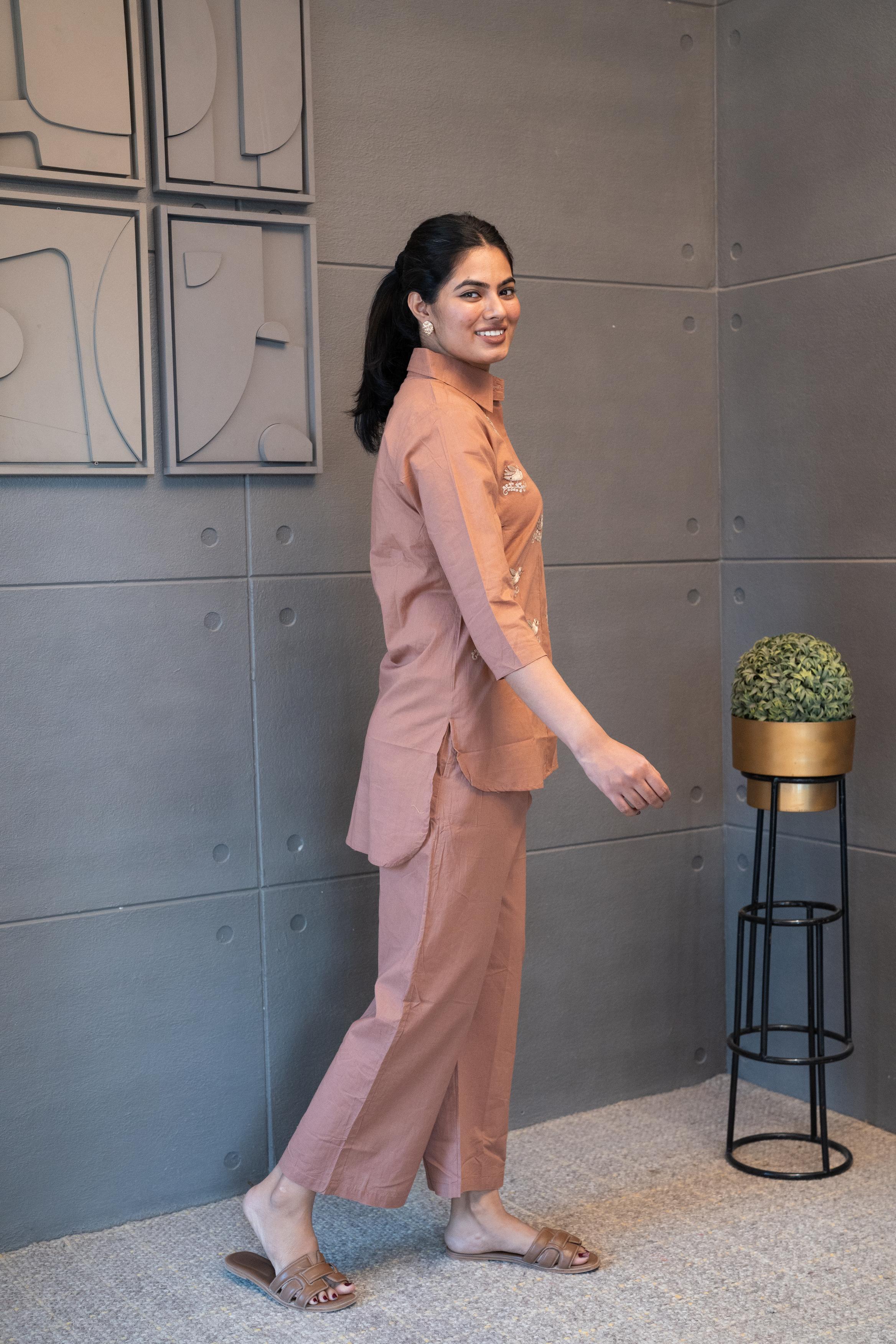 Soft cotton fabric with delicate vine threadwork – Mocha Melody Co-Ord Set by Tanauri.