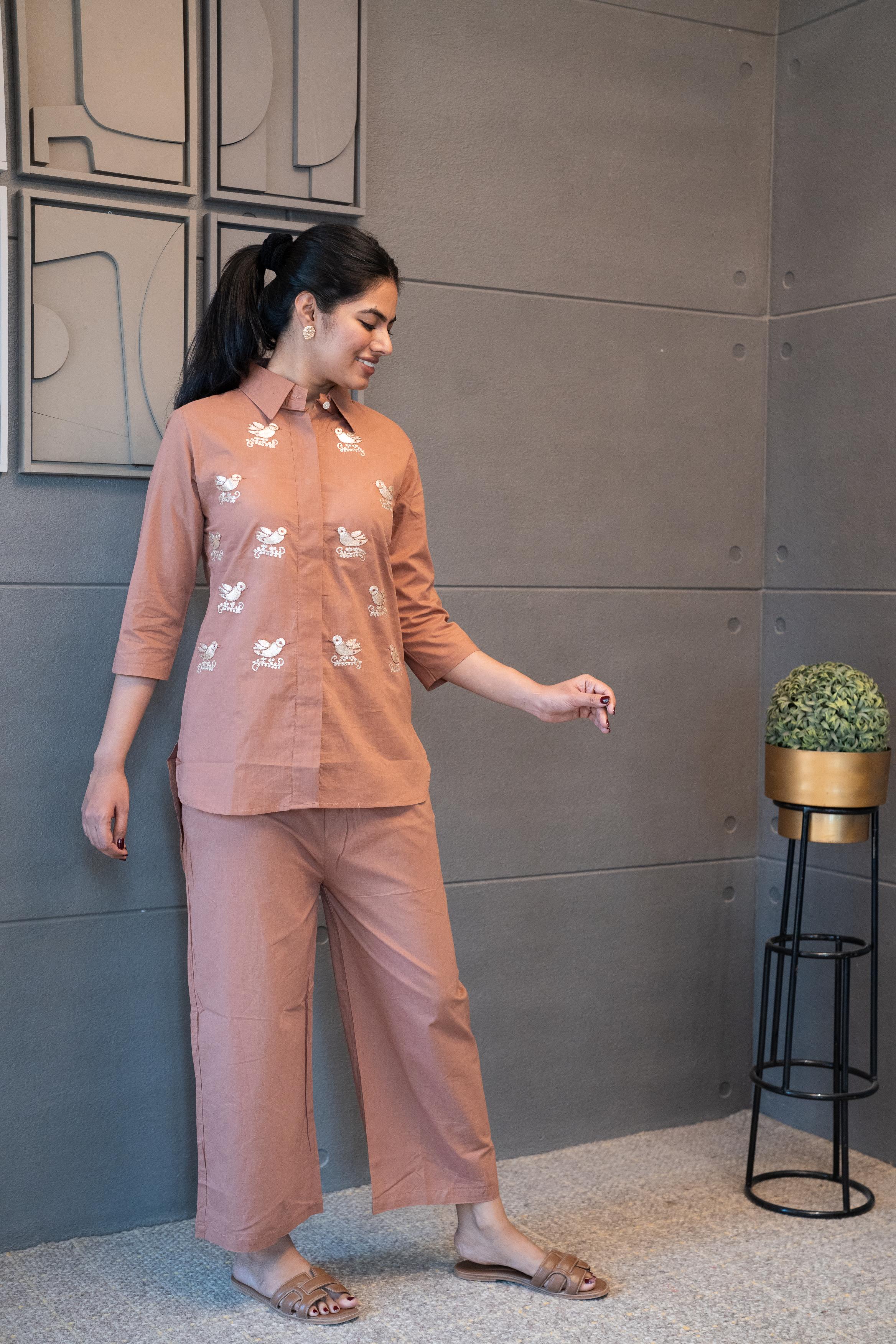 Golden bird and Vine embroidery details on mocha shade cotton fabric – Tanauri Mocha Melody Co-Ord Set.