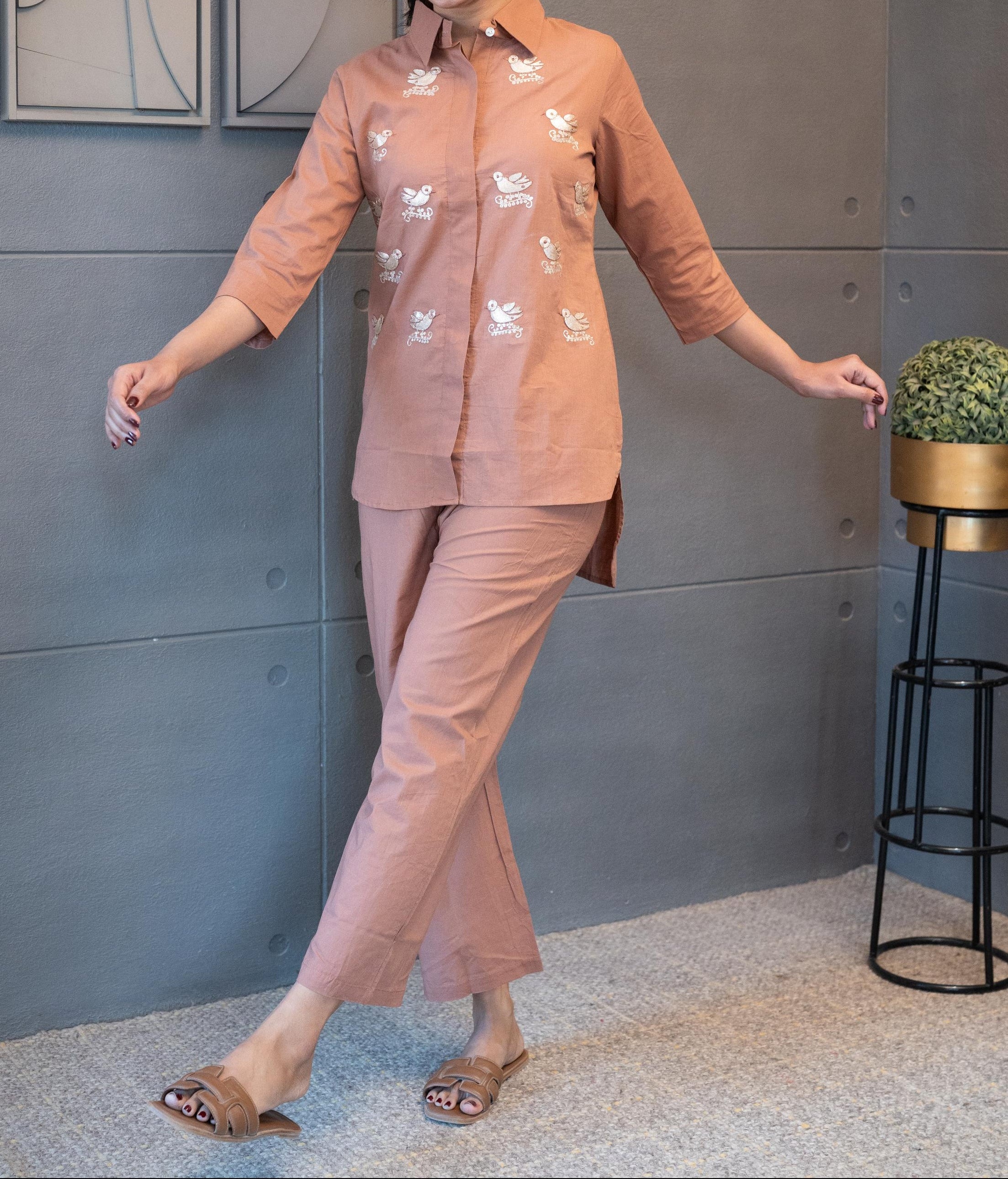 Golden bird and vine embroidery details on mocha shade cotton fabric – Tanauri Mocha Melody Co-Ord Set.