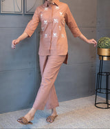 Golden bird and vine embroidery details on mocha shade cotton fabric – Tanauri Mocha Melody Co-Ord Set.