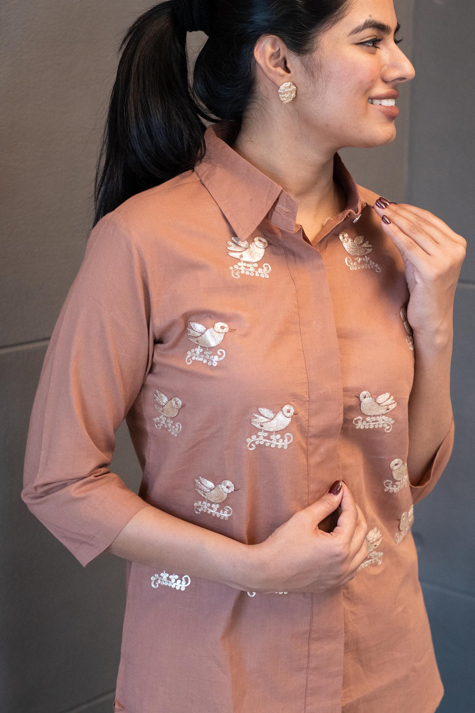 Mocha Melody Co-Ord Set – mocha shade with golden bird and vine embroidered cotton outfit by Tanauri.