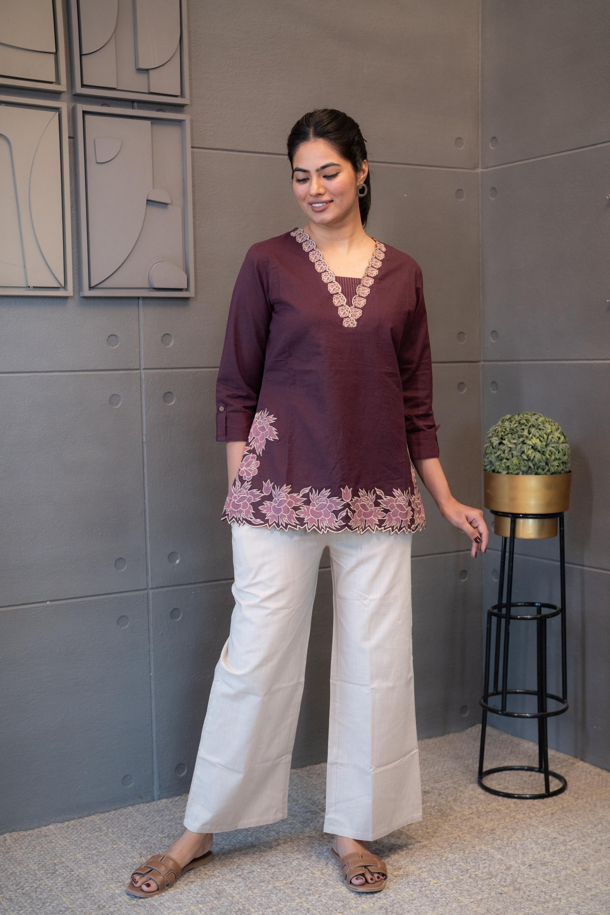 Trunk Short Kurti in maroon with golden floral embroidery – Tanauri