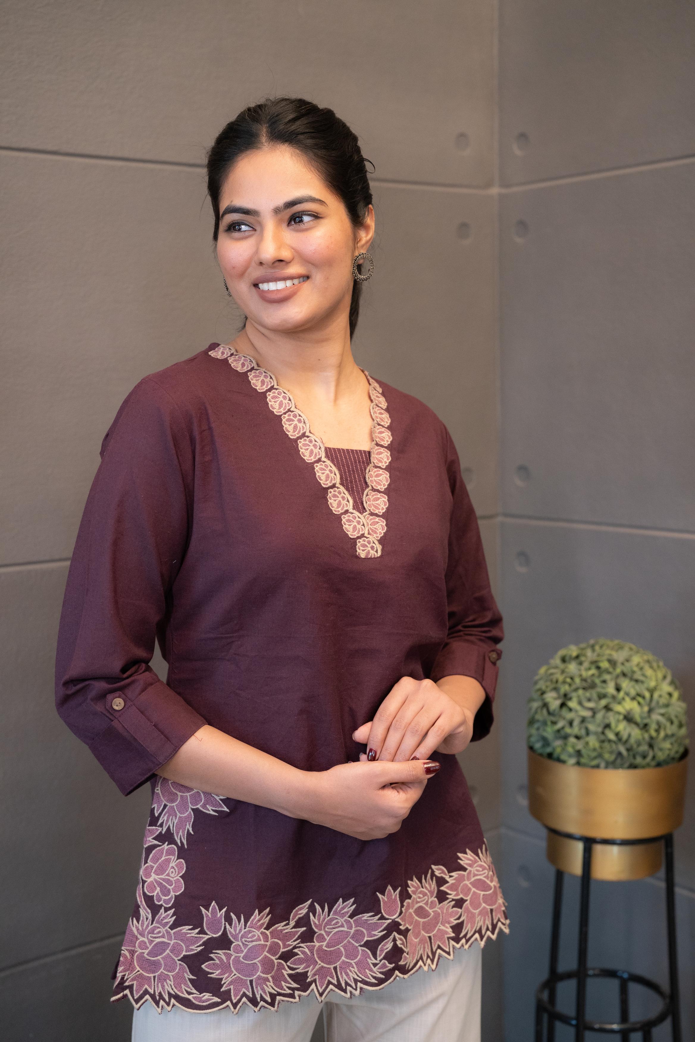 Trunk Short Kurti in maroon with golden floral embroidery – Tanauri