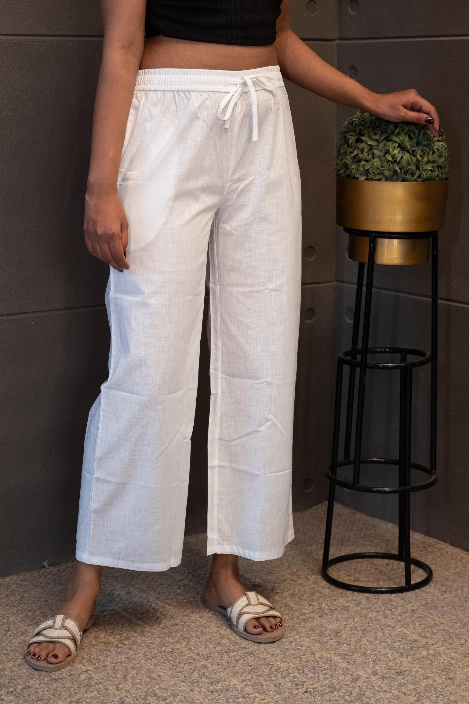 White cotton straight-fit pants for women – Tanauri