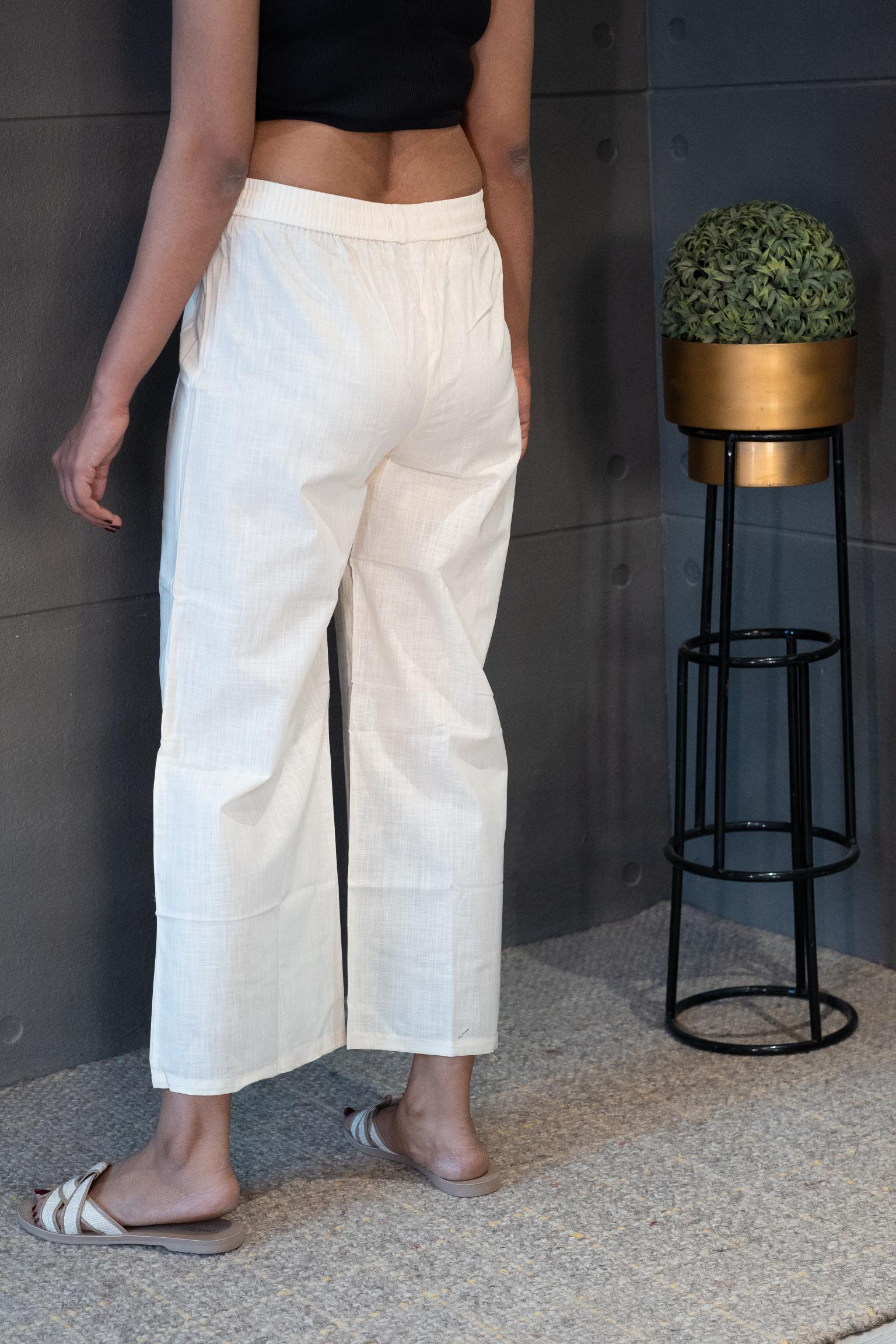 Off-white cotton straight-fit pants for women – Tanauri