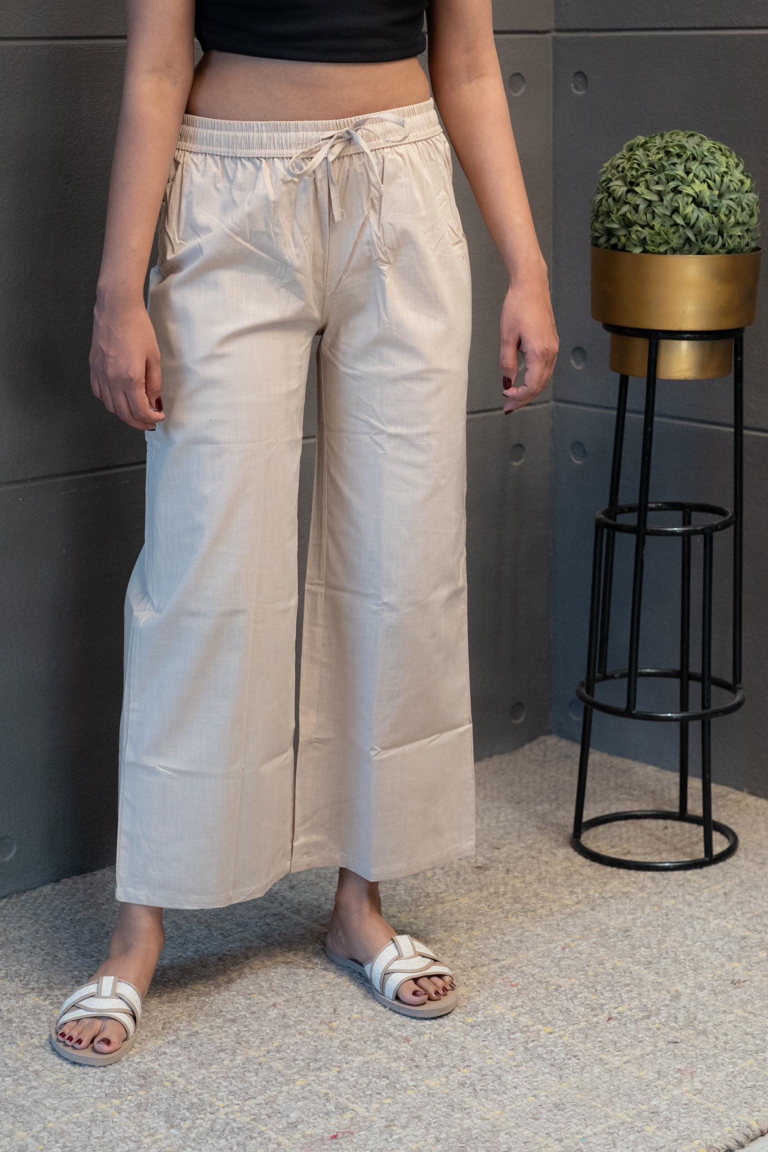 Beige cotton straight-fit pants for women – Tanauri