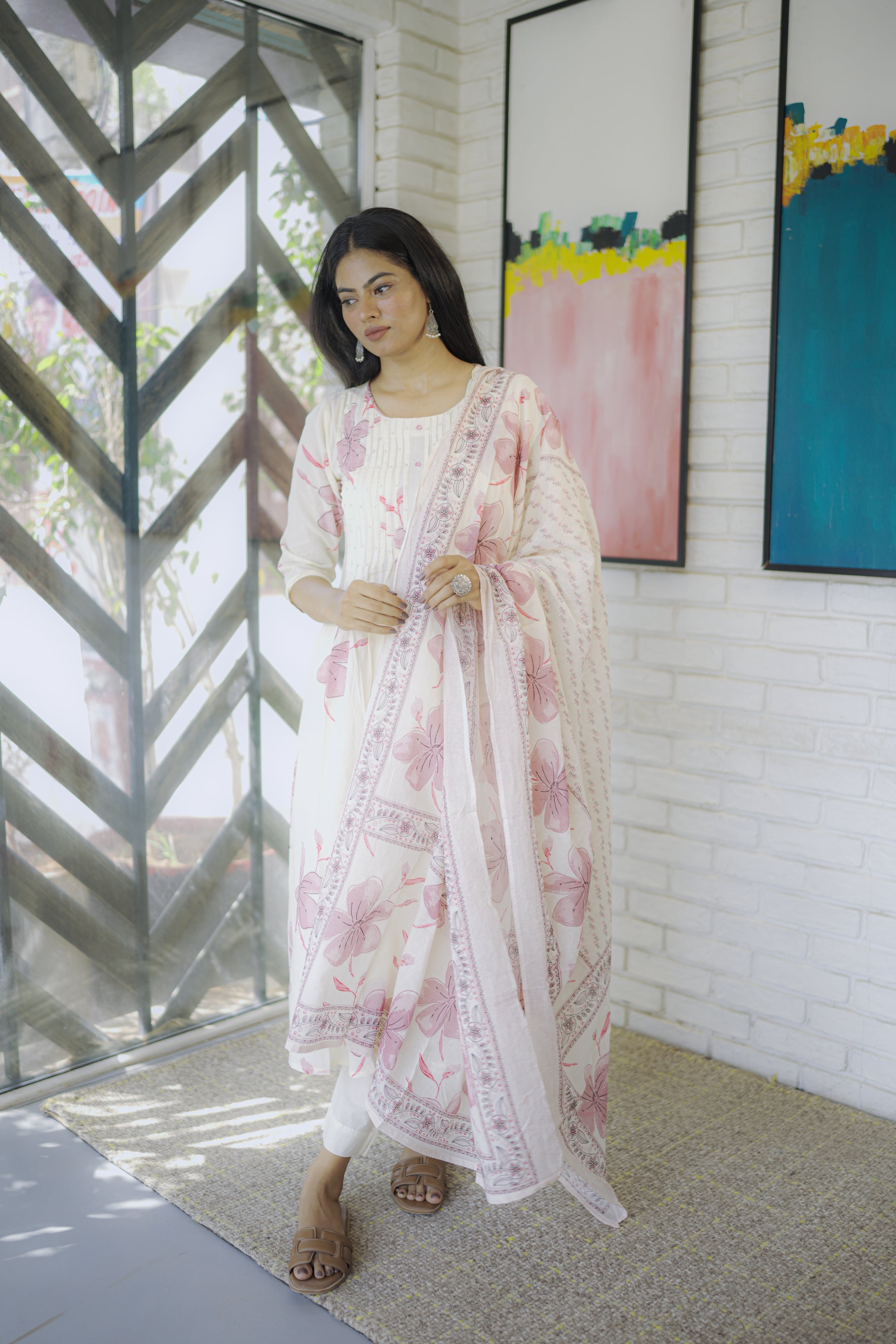 Tanauri Ivory Cotton Kurta with Pink Floral Embroidery and Matching Dupatta