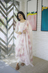 Tanauri Ivory Cotton Kurta with Pink Floral Embroidery and Matching Dupatta