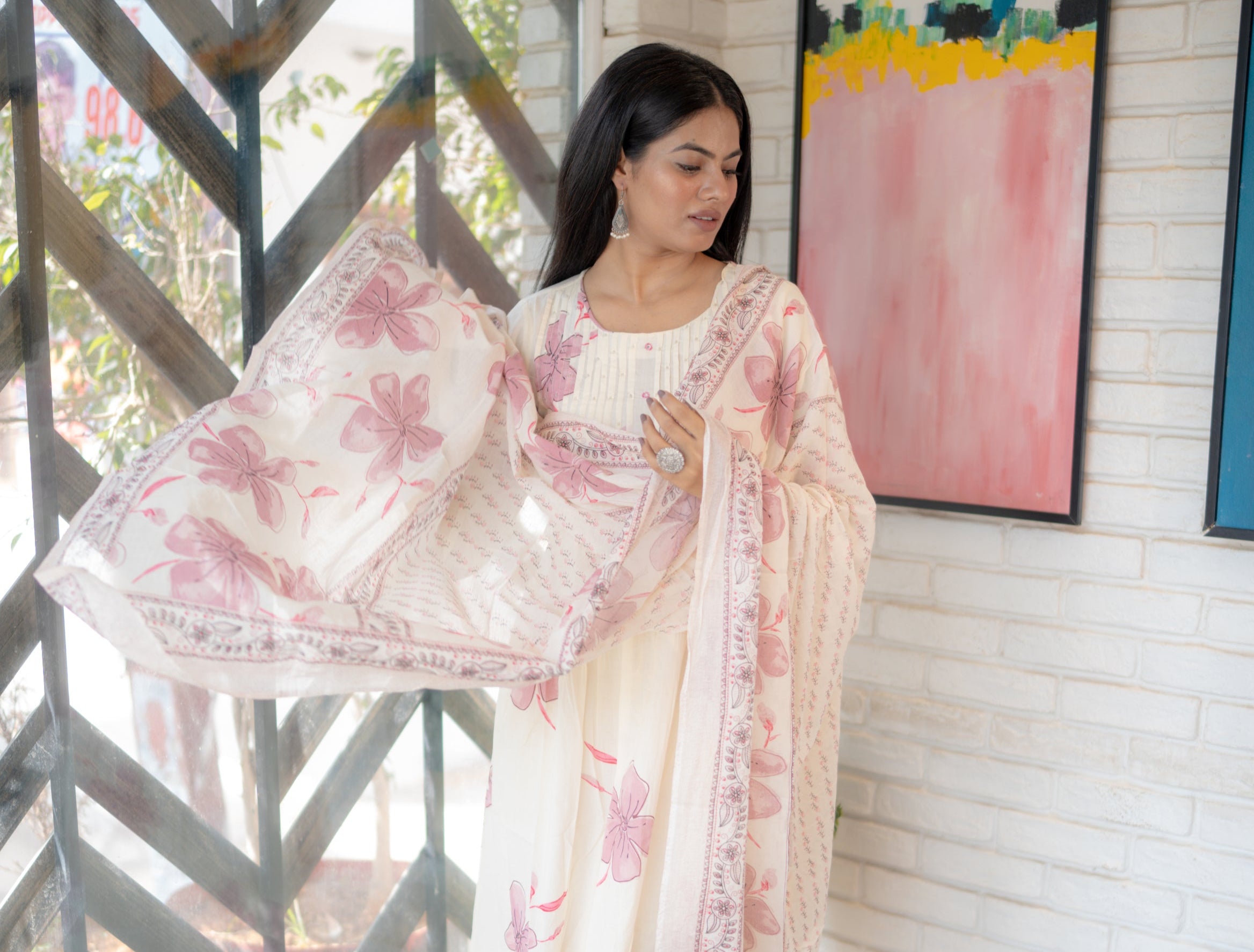 Breathable Cotton Kurta with Coordinated Pants and Floral Dupatta