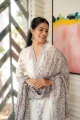 Tanauri Pastel Cotton Kurta with Block Print and Matching Dupatta