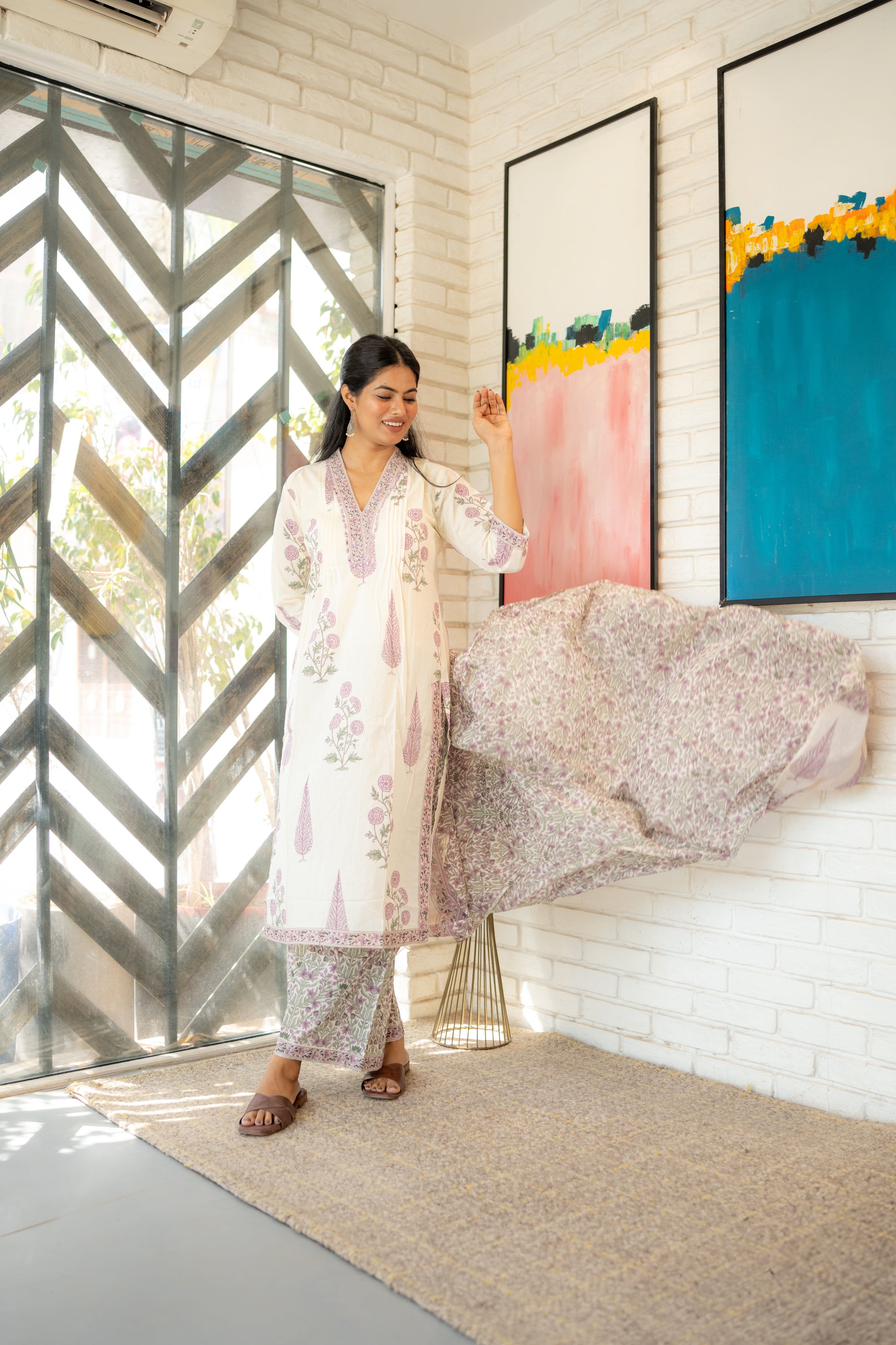 Florea Dupatta Set – Pastel Block Print Cotton Kurta Set by Tanauri