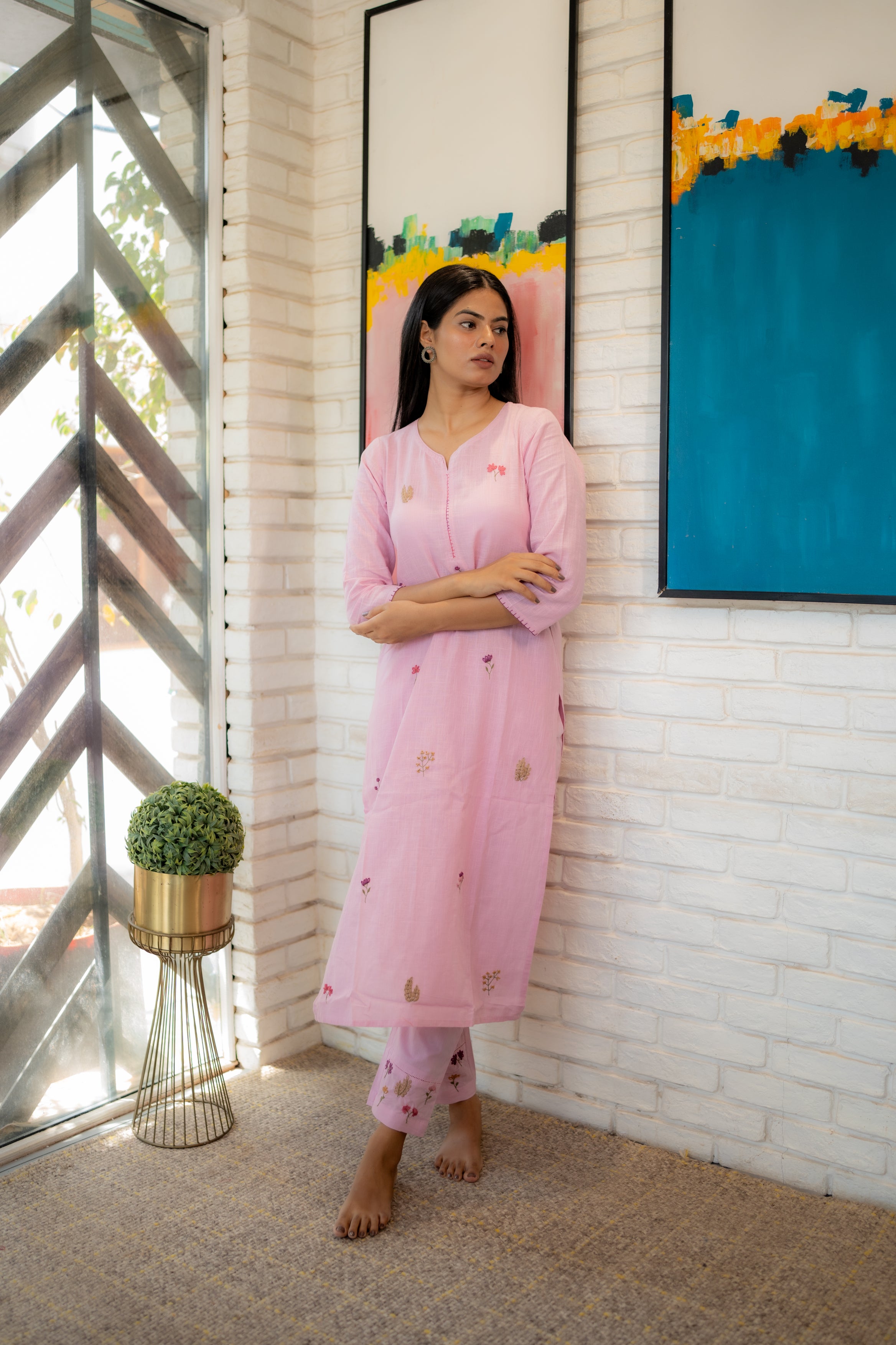 Breathable Cotton Kurta with Japanese Cherry Blossom Motifs