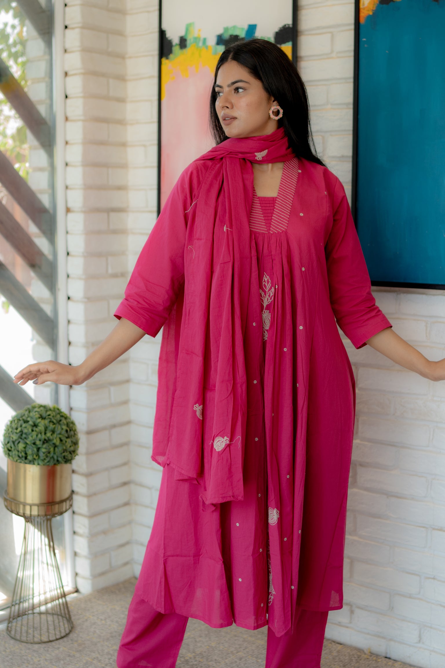 Tanauri Gulmohar Kurta Set in Pink with Floral Embroidery