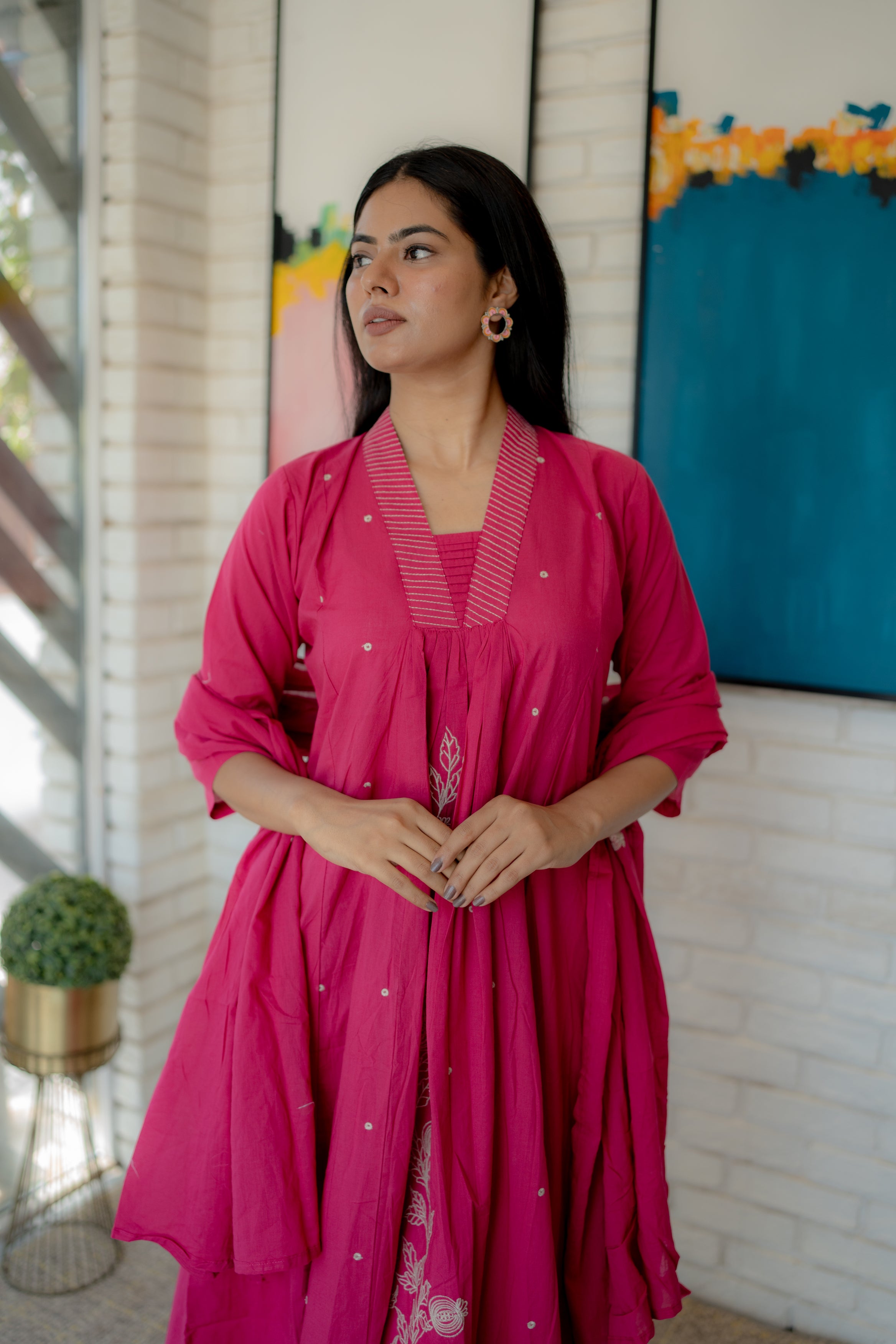 Floral Embroidered Cotton Dupatta Set for Women