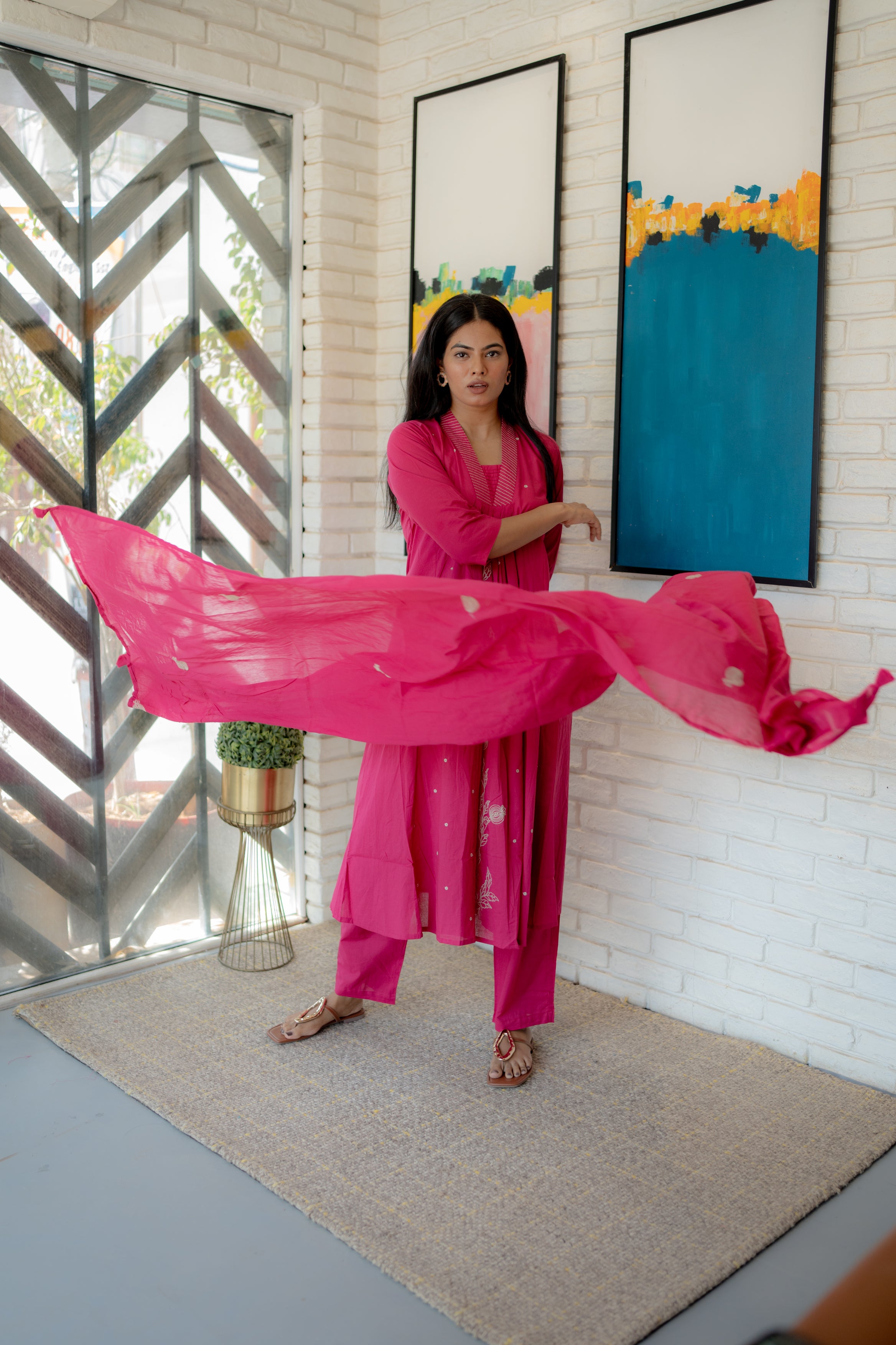 Gulmohar Dupatta Set – Pink Floral Embroidered Mul Cotton by Tanauri