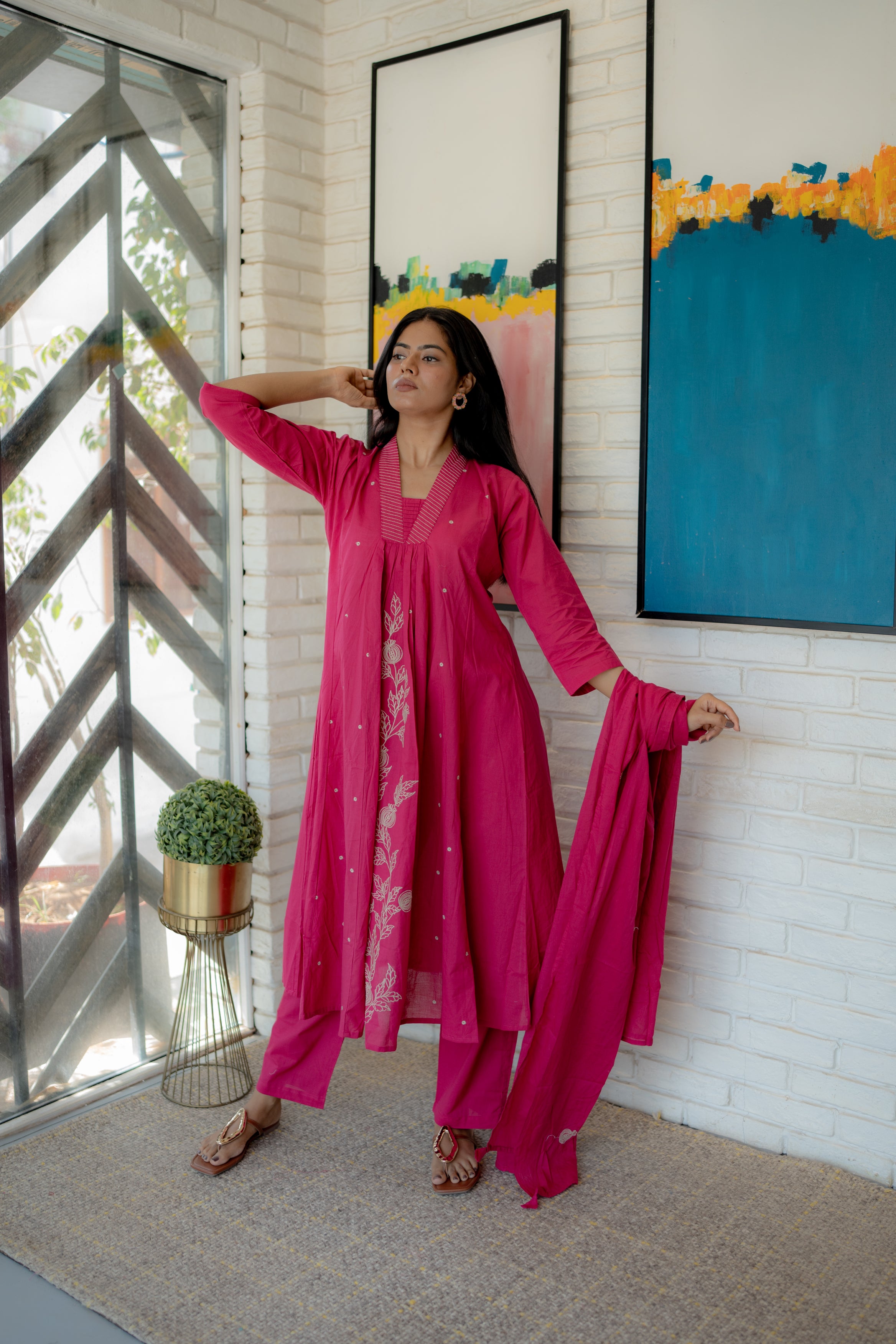 Vibrant Pink Mul Cotton Kurta Set with Dupatta – Tanauri