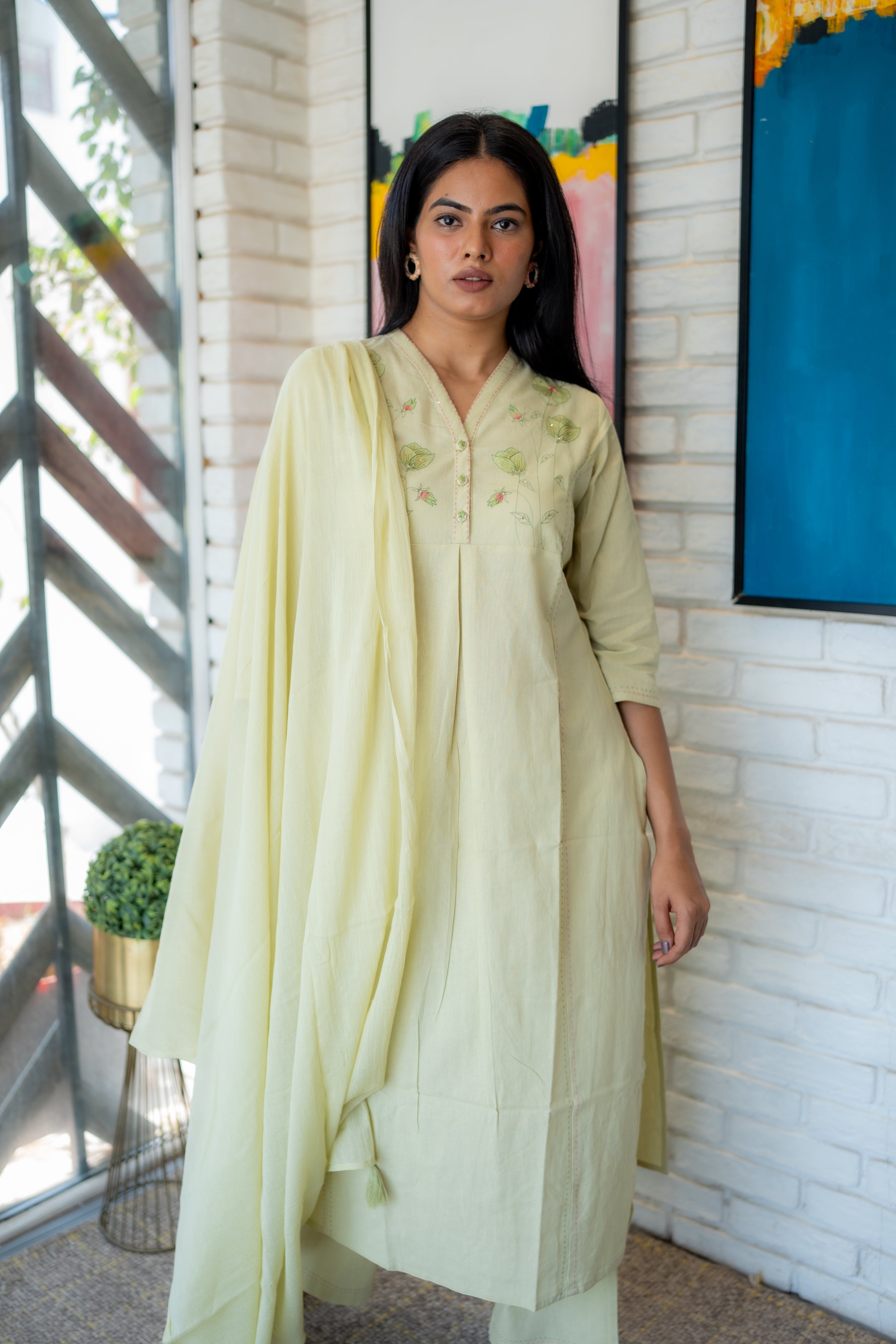 Pistachio Dupatta Set – Light Green Cotton Kurta Set by Tanauri