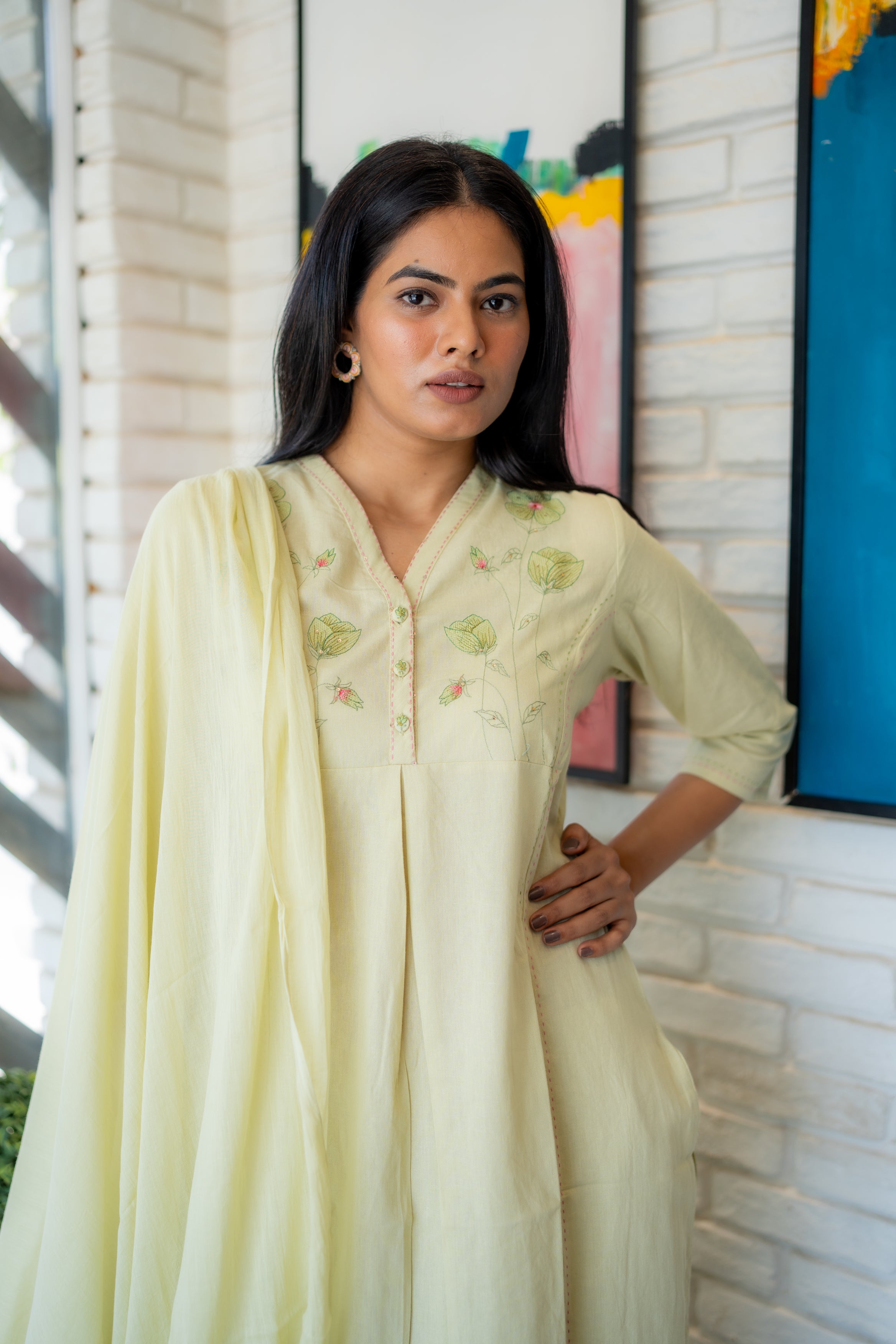 Tanauri Soft Cotton Kurta with Matching Pistachio Dupatta