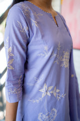 Tanauri Lavender Cotton Kurta Set with White Floral Embroidery