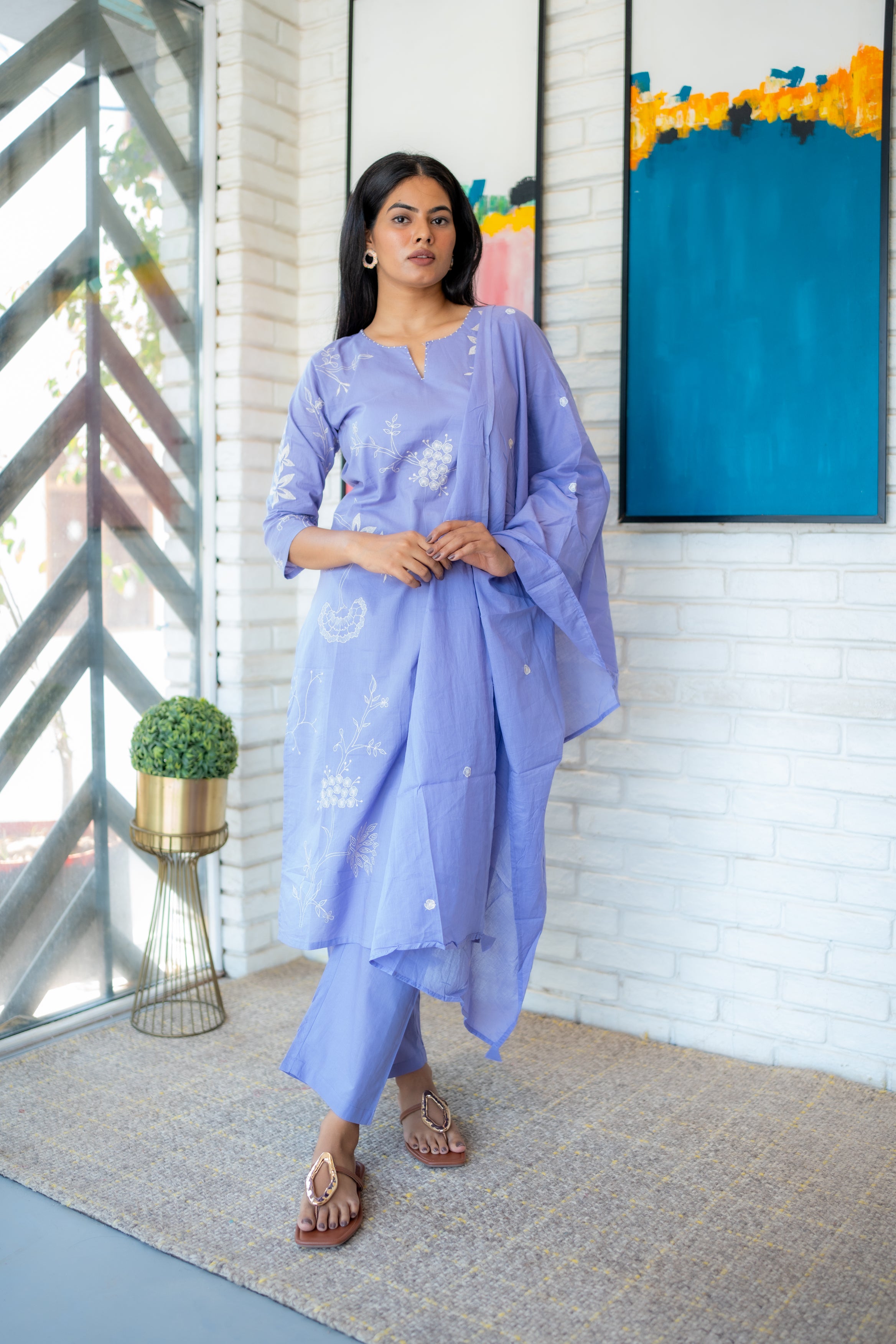 Tanauri Lavender Cotton Kurta Set with White Floral Embroidery