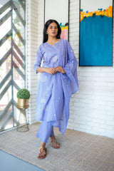 Tanauri Lavender Cotton Kurta Set with White Floral Embroidery