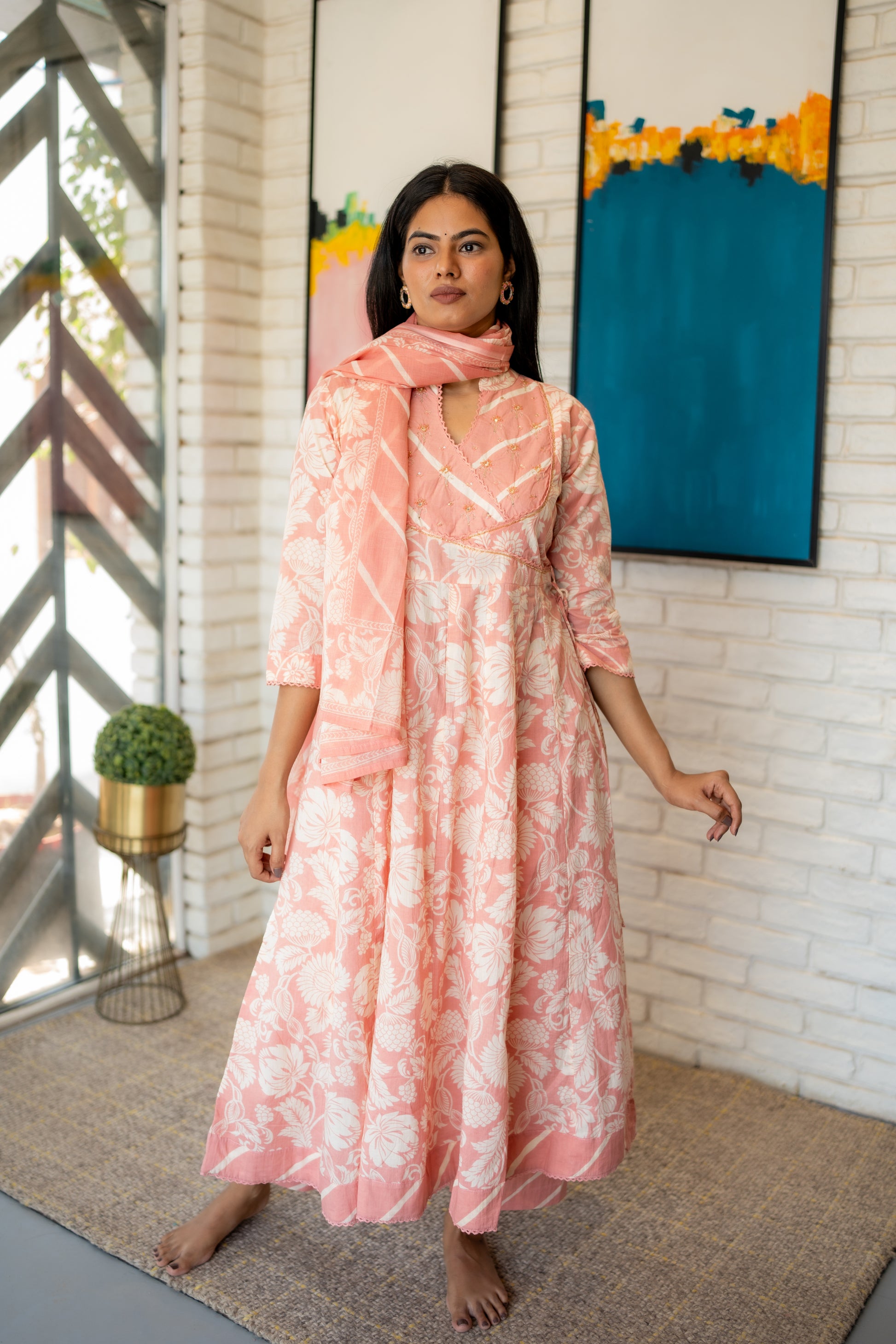 Peach Floral Anarkali - Dupatta Set