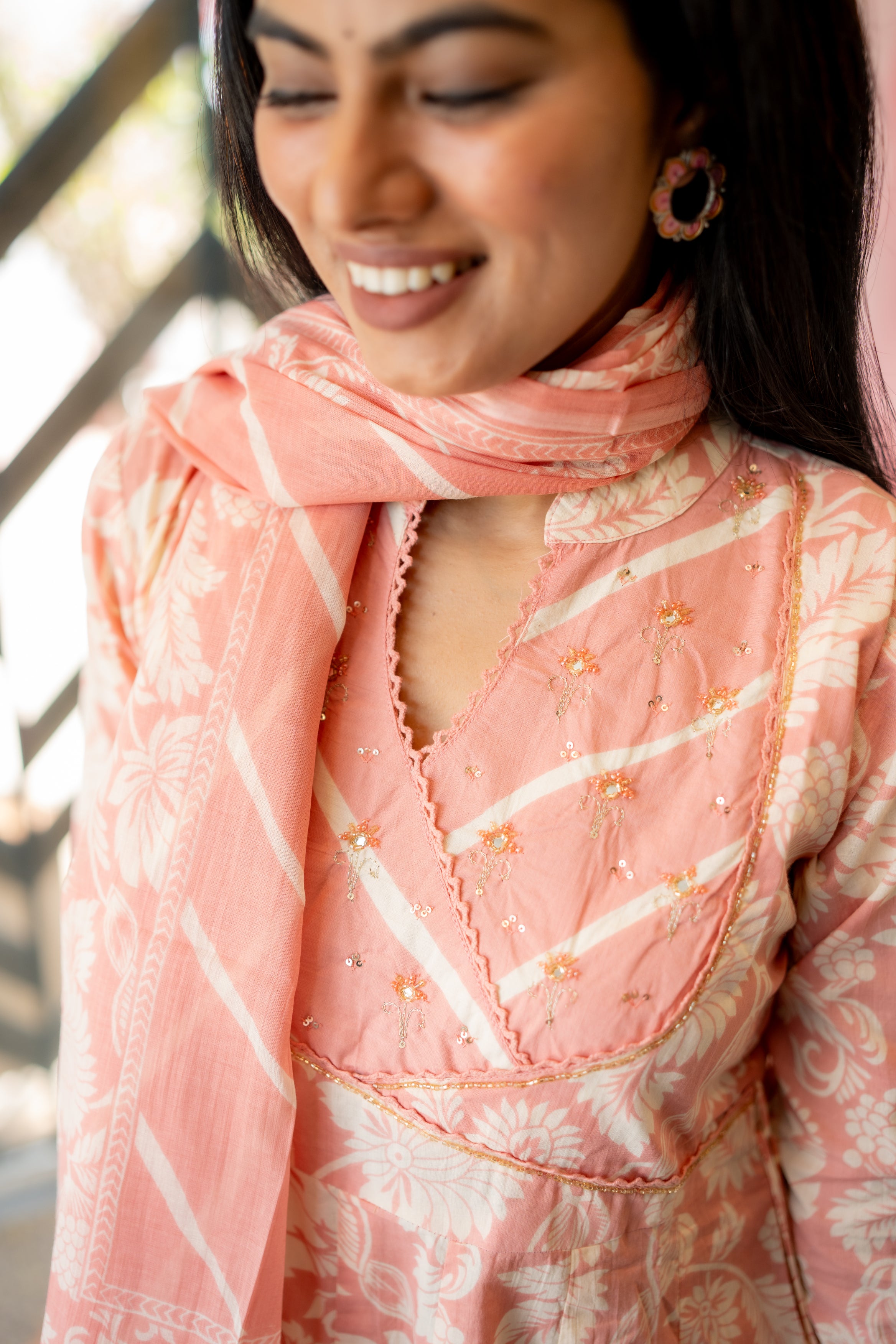 Elegant Peach and White Floral Cotton Kurta Set with Dupatta