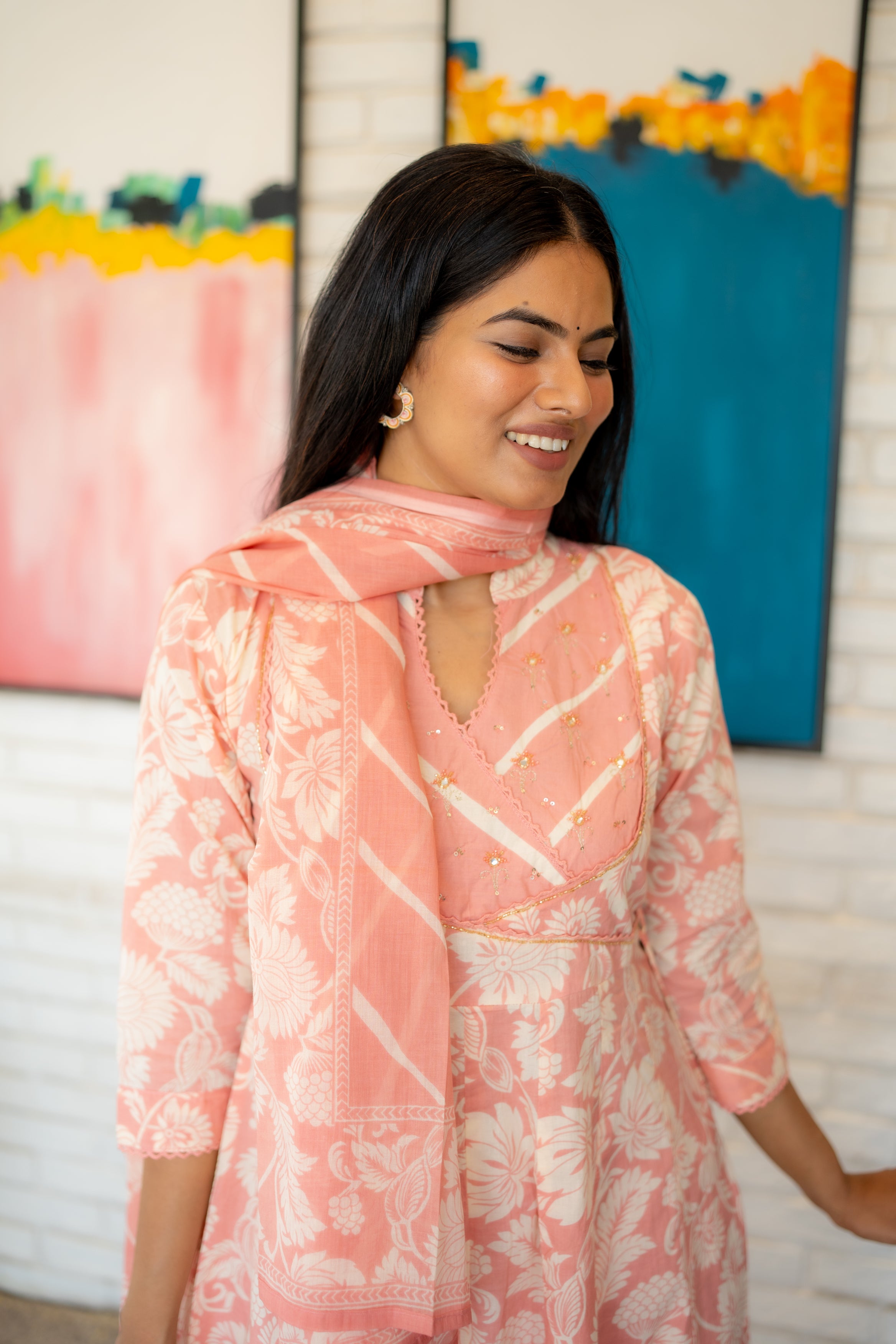 Tanauri Peach Floral Anarkali Dupatta Set for Women