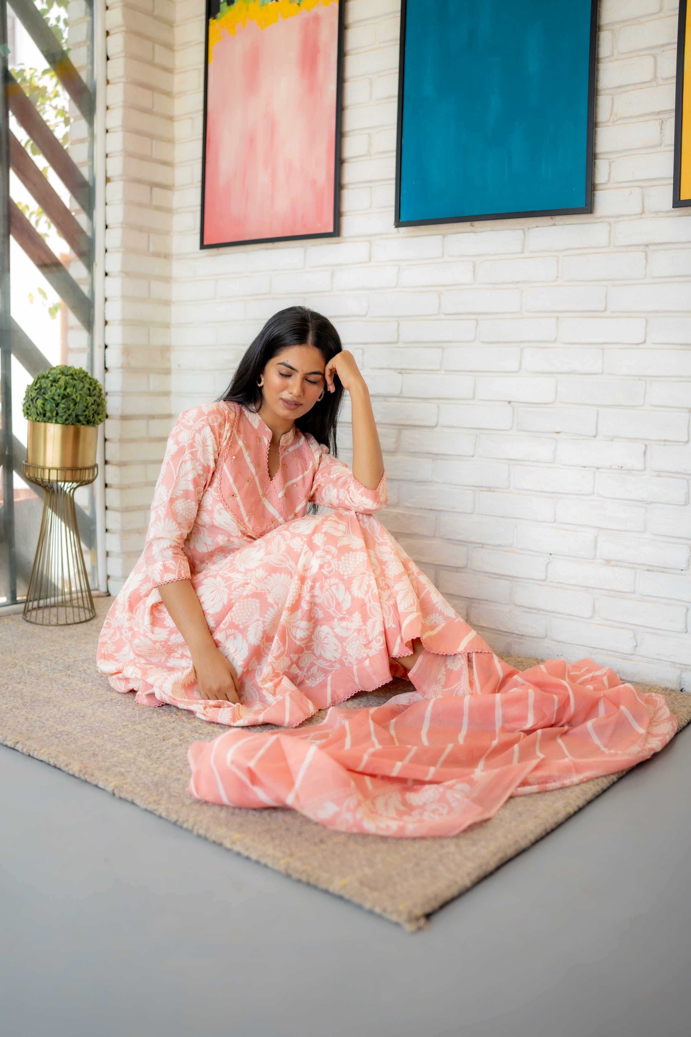 Peach Floral Anarkali Dupatta Set – White Floral Cotton Kurta by Tanauri