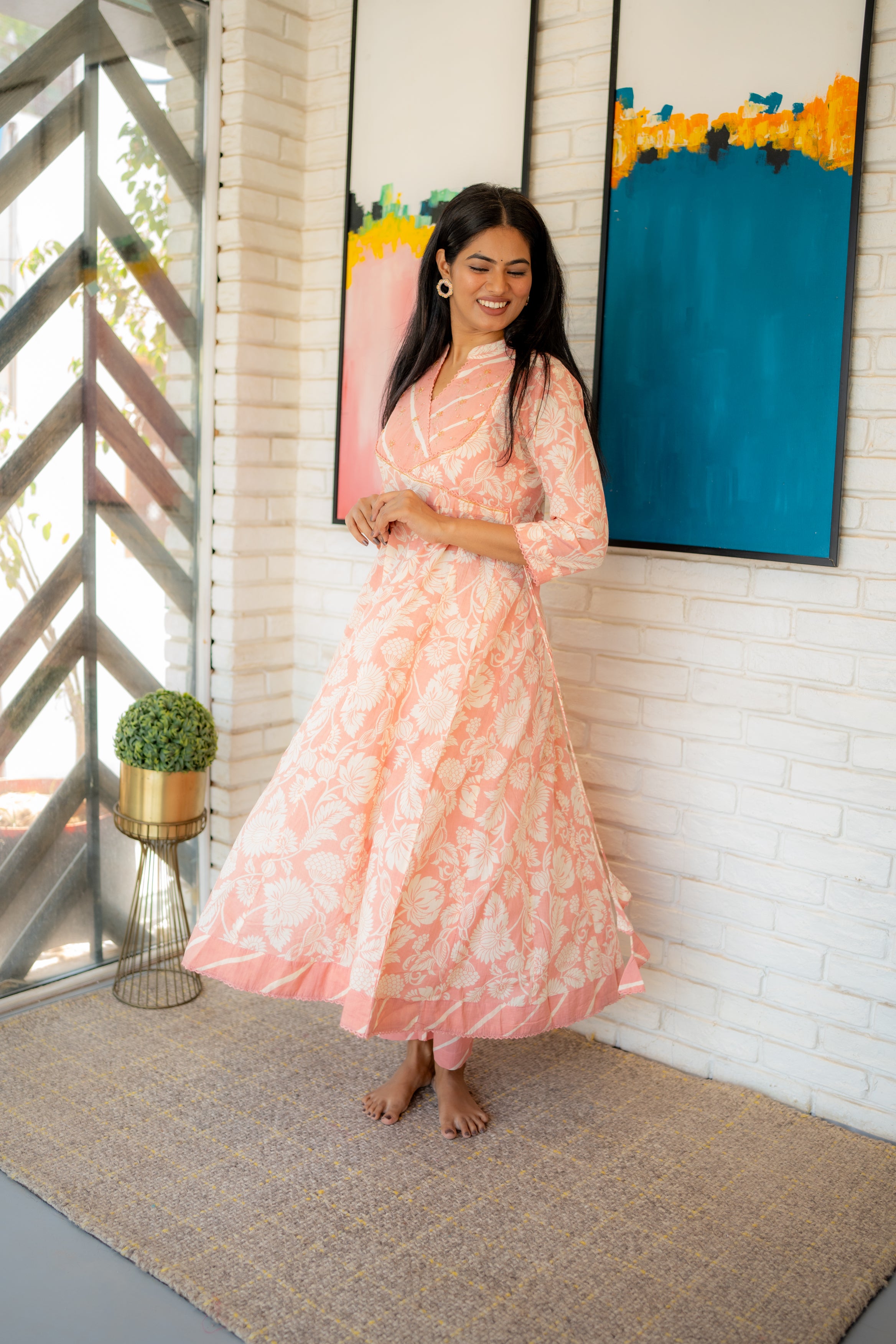 White Floral Print Anarkali Kurta with Embroidered Yoke and Dupatta