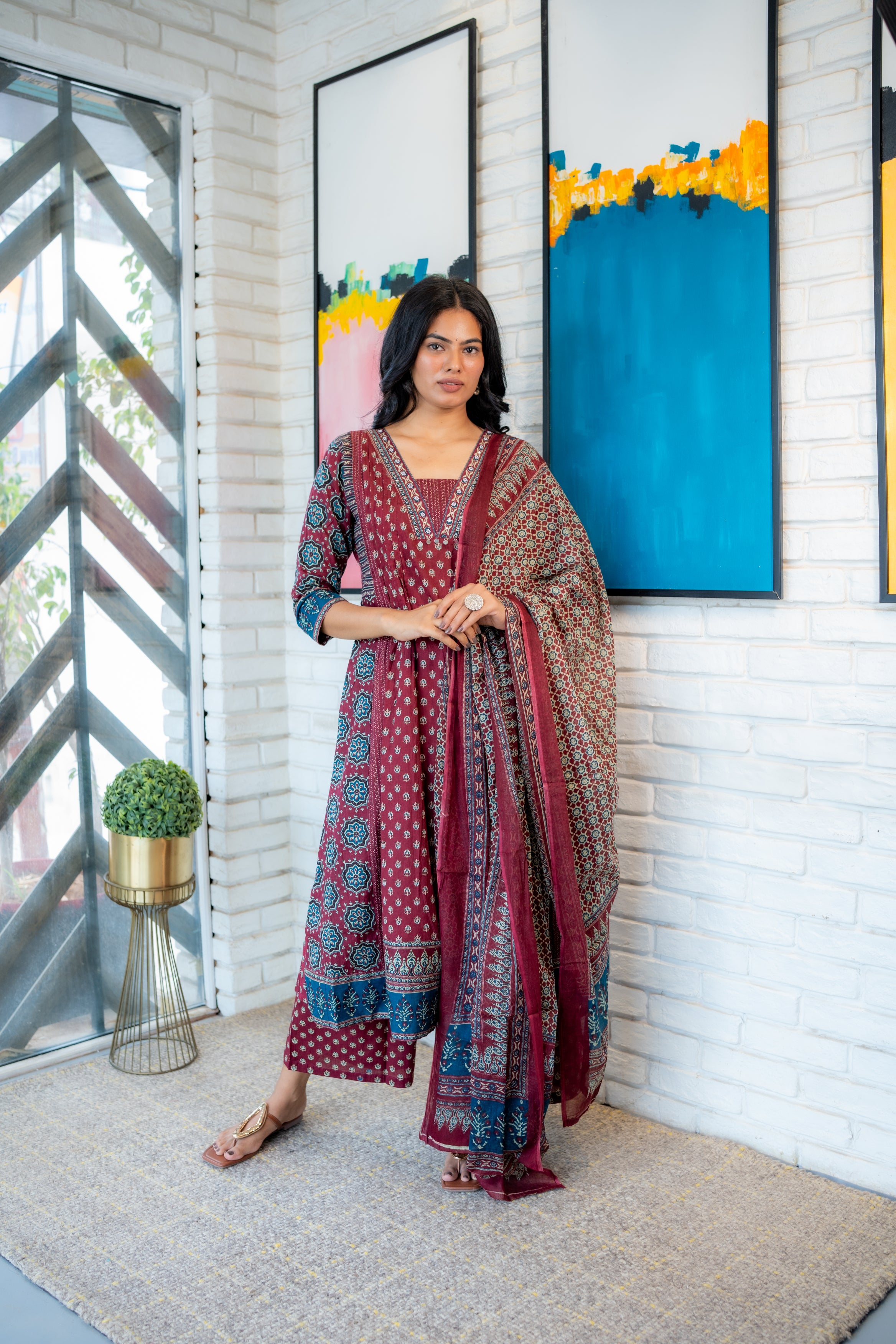 Rangrez Dupatta Set – Maroon Printed Anarkali Cotton Kurta Set by Tanauri
