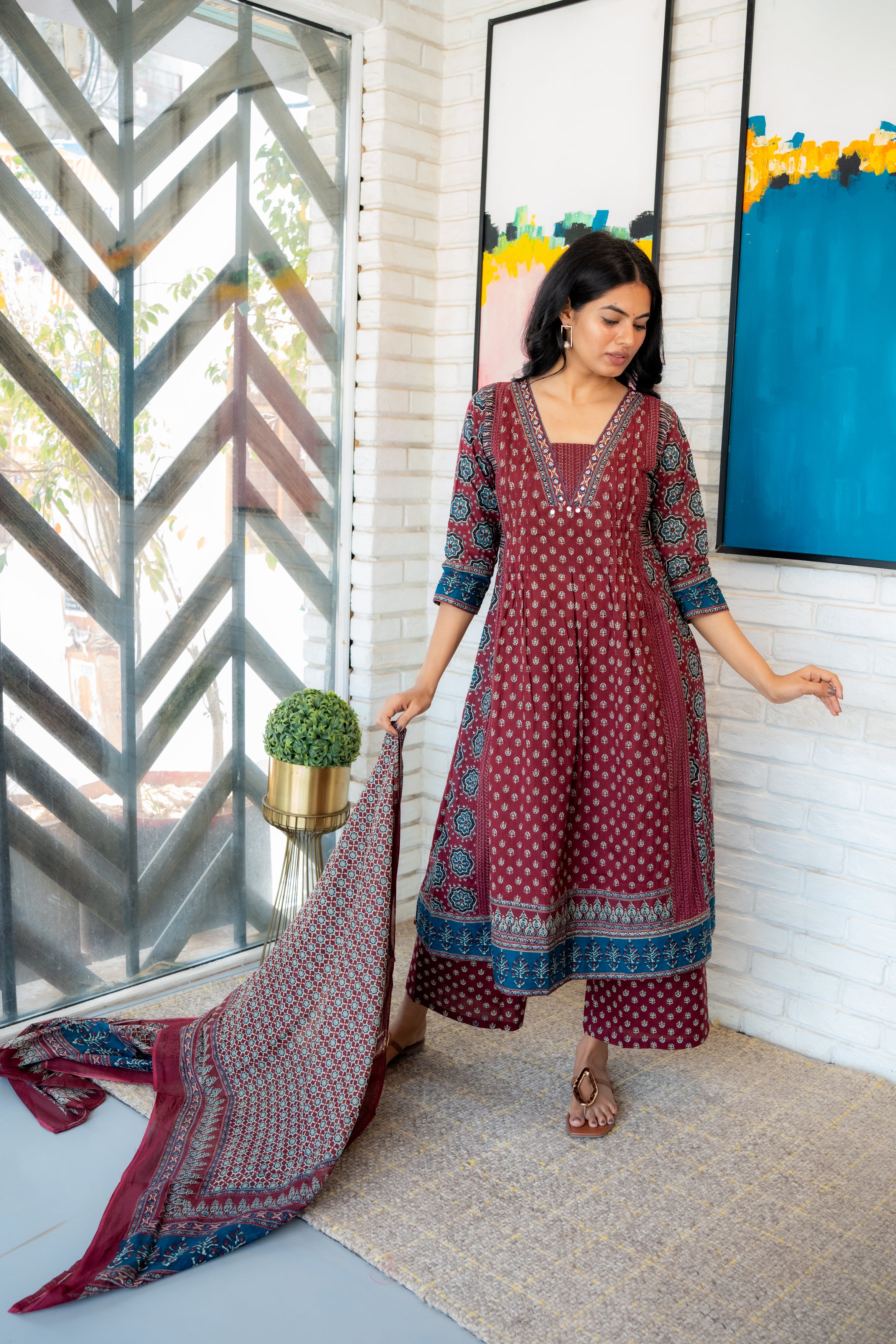 Elegant Maroon Printed Cotton Kurta Set for Women – Rangrez by Tanauri