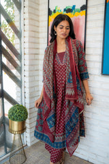 Rangrez Dupatta Set – Maroon Printed Anarkali Cotton Kurta Set by Tanauri