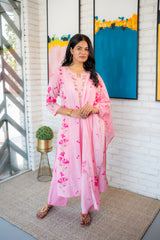 Gulabo Dupatta Set – Blossom Pink Floral Embroidered Cotton Kurta Set by Tanauri